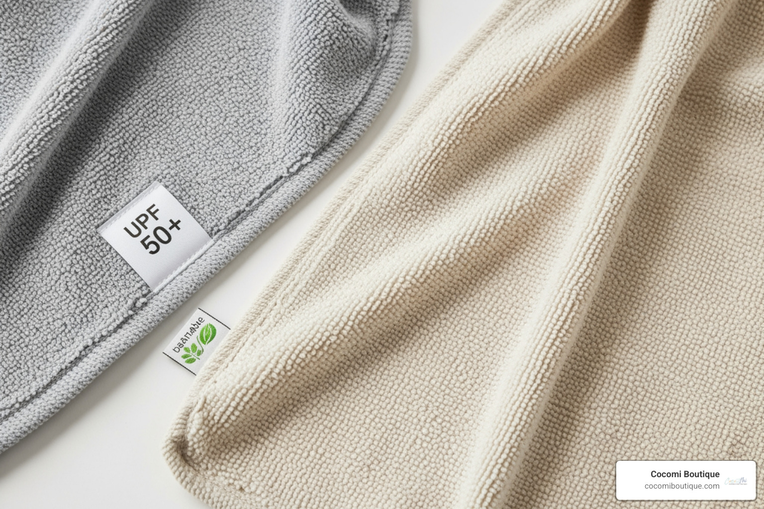 towel with a UPF 50+ tag and another made from visibly sustainable material - baby beach towel