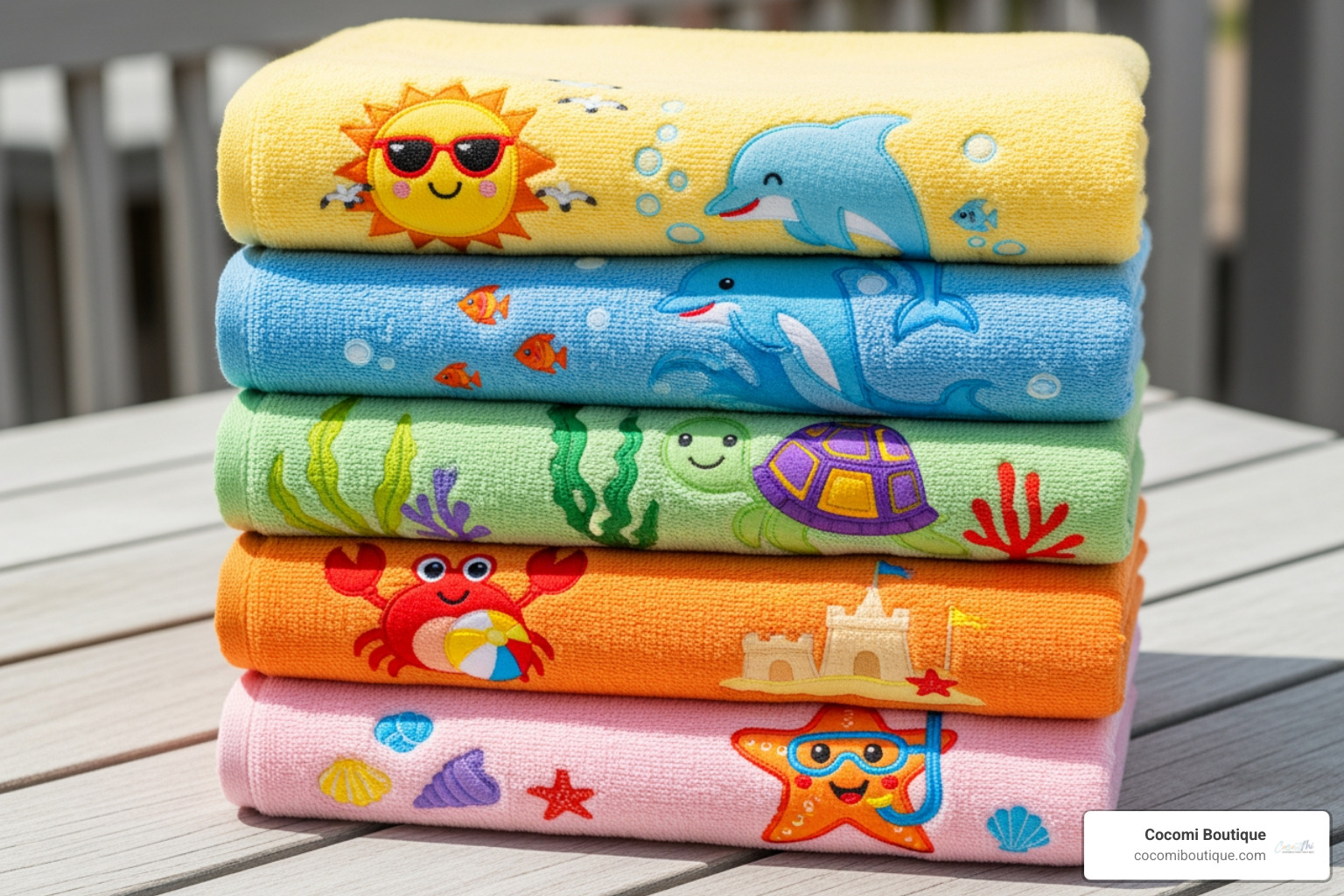 neatly folded stack of baby beach towels in various cute designs and colors - baby beach towel