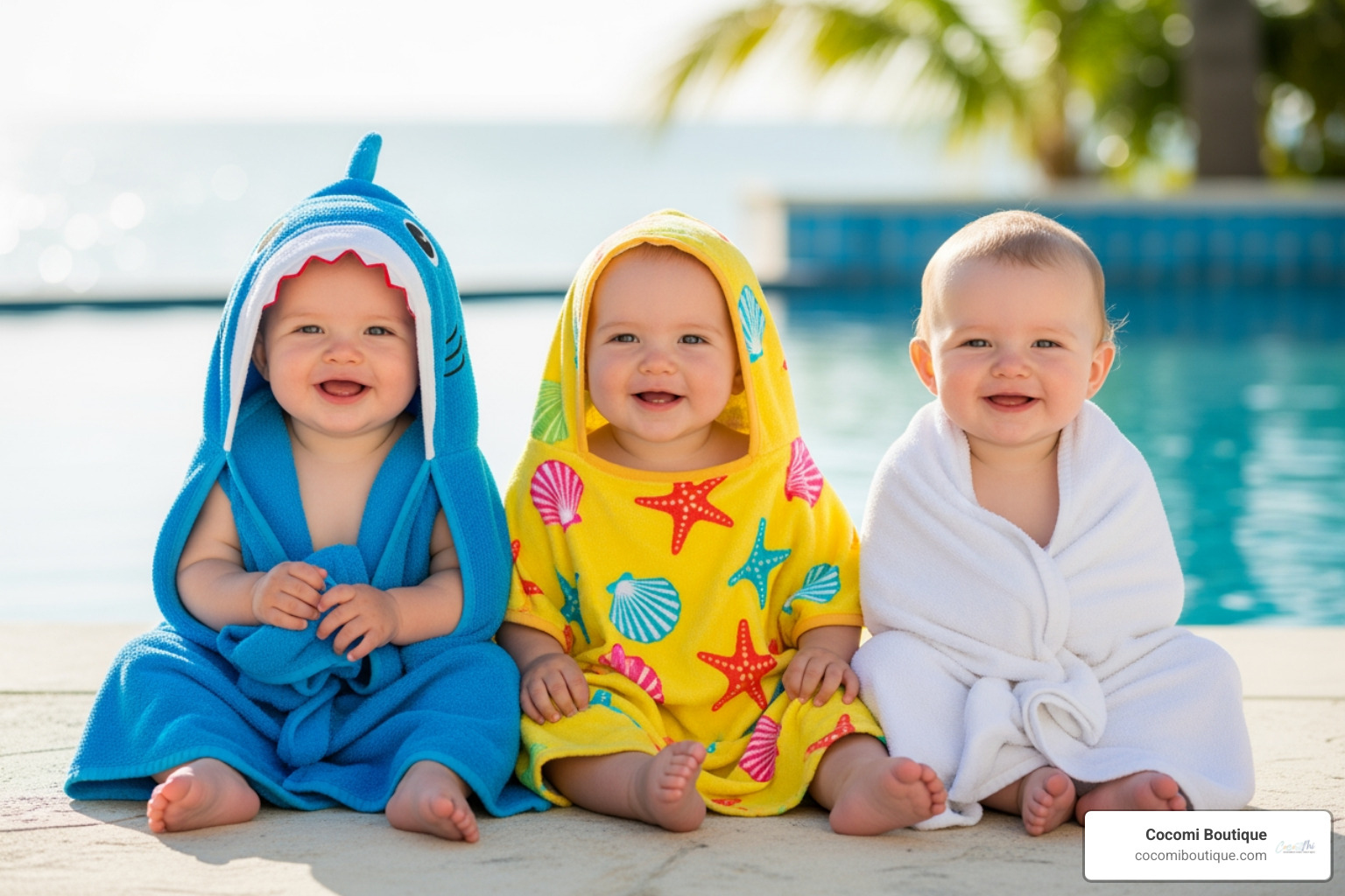 baby in a hooded towel, another in a poncho, and a third in a simple wrap - baby beach towel