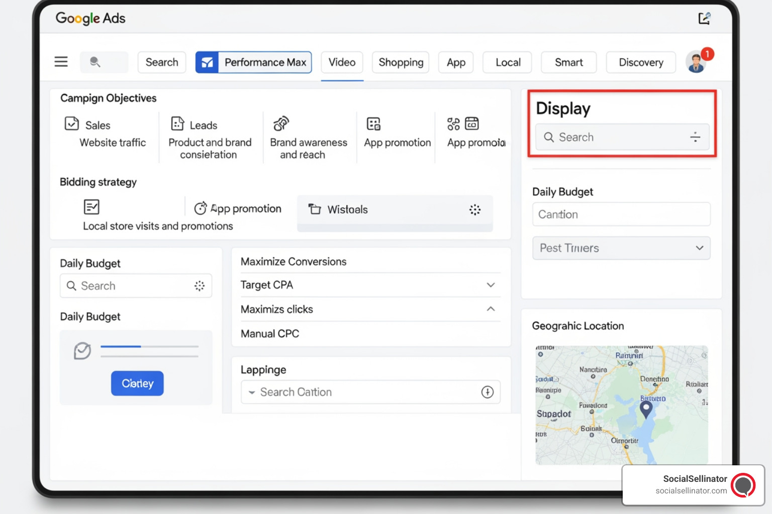 Google Ads campaign creation screen with a Display campaign selected, showing options for campaign objectives, bidding strategy, budget, and location targeting - set up remarketing google ads