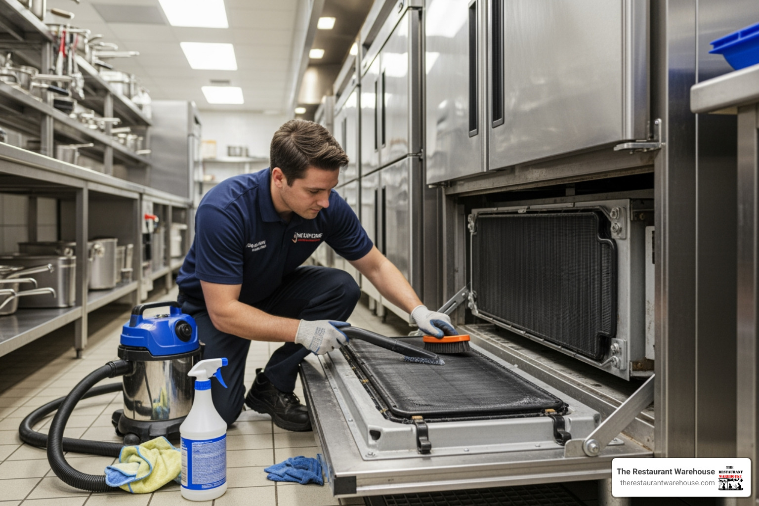 image of a service technician cleaning the condenser coils on a commercial freezer unit - commercial freezers image of a service technician cleaning the condenser coils on a commercial freezer unit - commercial freezers
