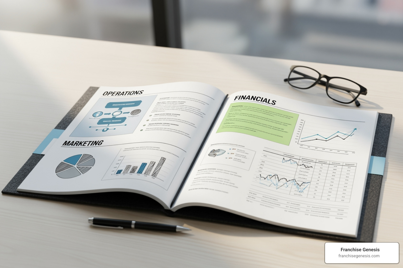 document with sections like "Operations" and "Financials" highlighted - franchise business plan document with sections like "Operations" and "Financials" highlighted - franchise business plan