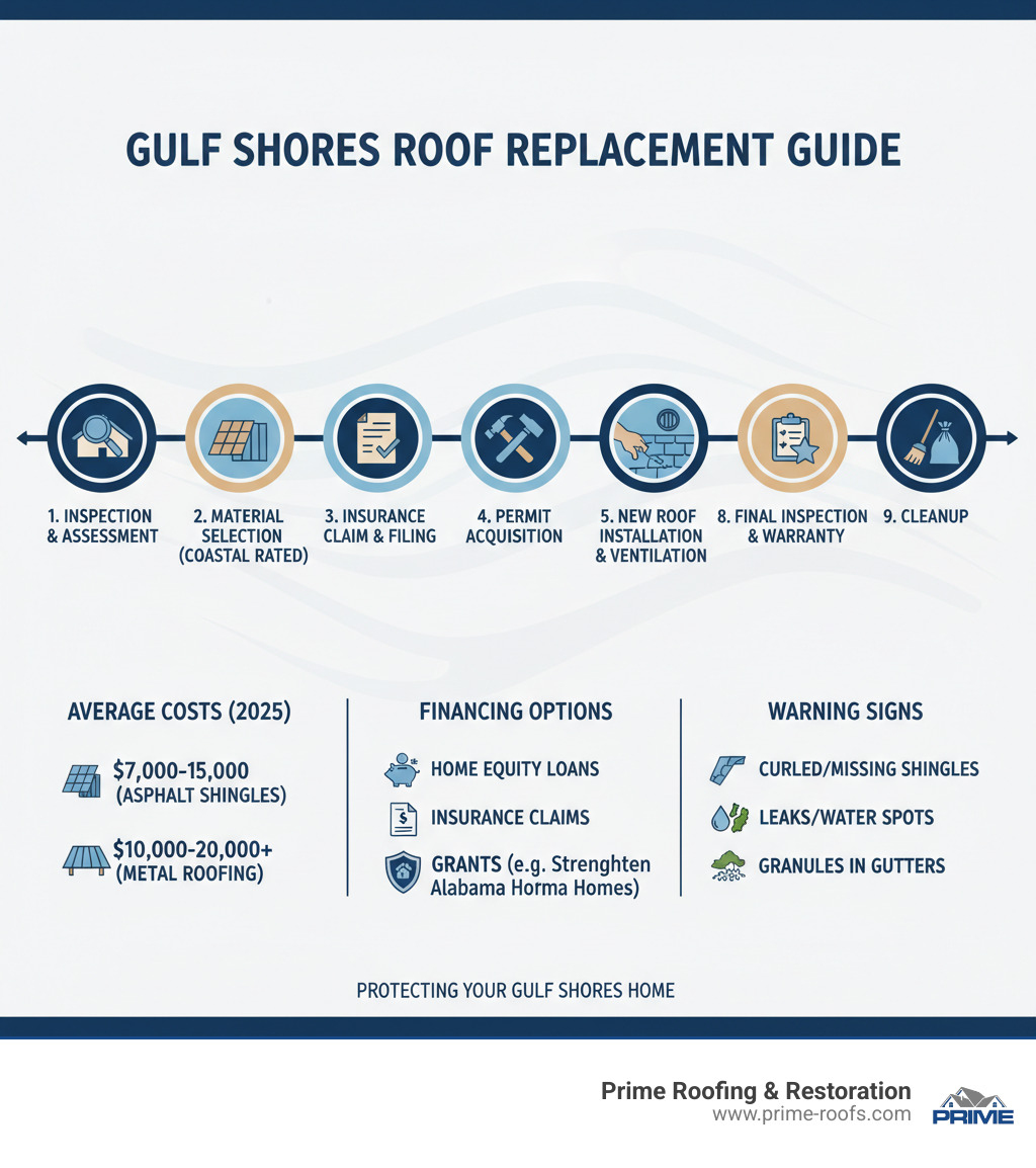 Infographic showing the roof replacement process in Gulf Shores, AL: Initial inspection and damage assessment, material selection based on coastal climate needs, insurance claim documentation and filing, permit acquisition from local building department, old roof tear-off and disposal, deck inspection and repair of any damage, installation of new roofing system with proper ventilation, final inspection and warranty activation, and cleanup. Also includes average costs by material type, financing options available, and key warning signs that indicate replacement is needed. - roof replacement gulf shores al infographic Infographic showing the roof replacement process in Gulf Shores, AL: Initial inspection and damage assessment, material selection based on coastal climate needs, insurance claim documentation and filing, permit acquisition from local building department, old roof tear-off and disposal, deck inspection and repair of any damage, installation of new roofing system with proper ventilation, final inspection and warranty activation, and cleanup. Also includes average costs by material type, financing options available, and key warning signs that indicate replacement is needed. - roof replacement gulf shores al infographic