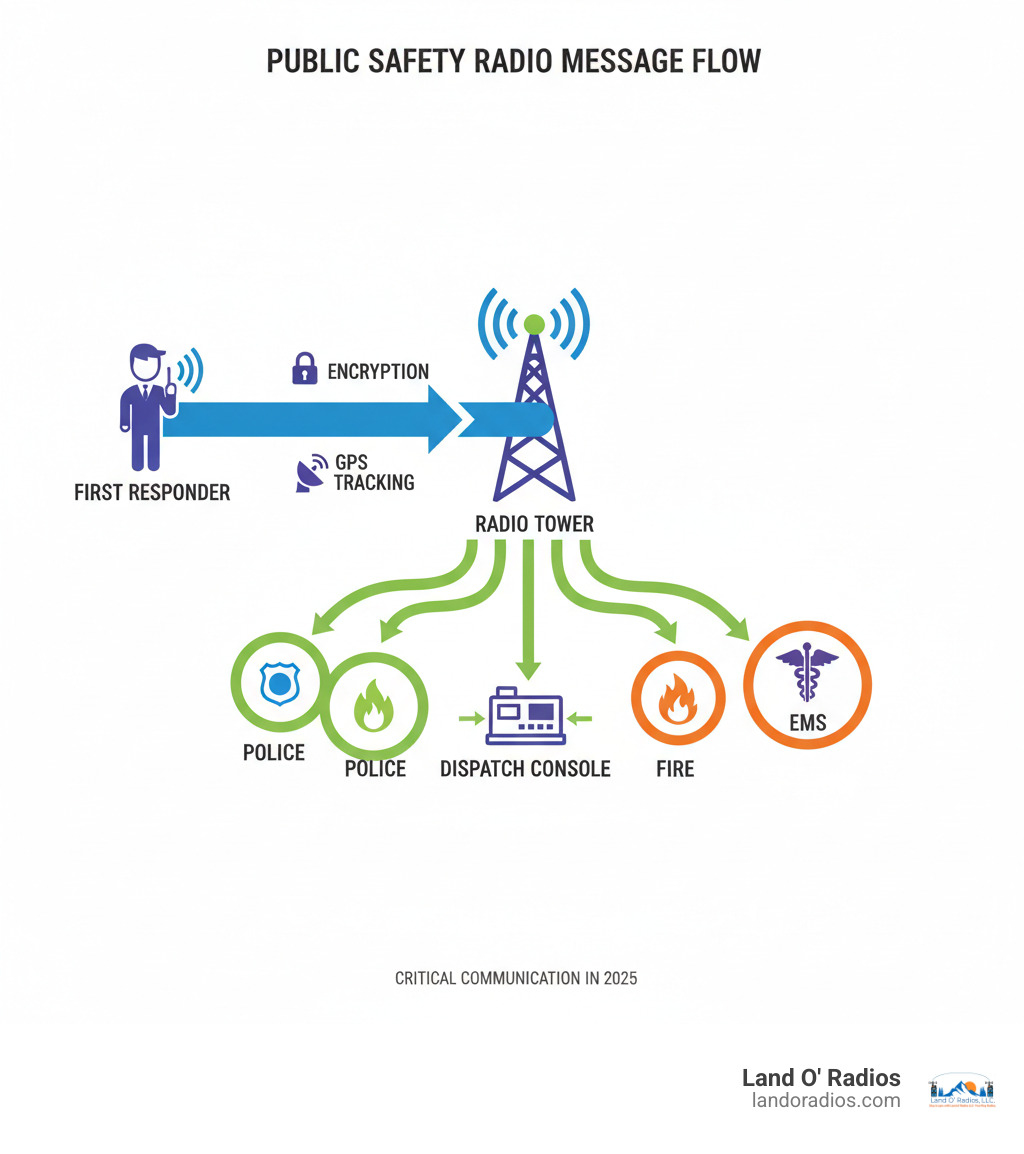 infographic showing message flow from first responder to dispatch console through radio tower to multiple agencies including police fire and EMS with encryption and GPS tracking indicators - public safety radios infographic infographic showing message flow from first responder to dispatch console through radio tower to multiple agencies including police fire and EMS with encryption and GPS tracking indicators - public safety radios infographic