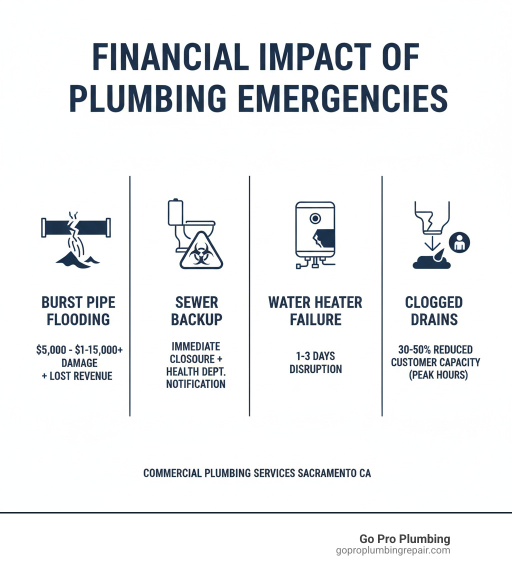 Infographic showing the financial impact of common commercial plumbing emergencies: burst pipe flooding causing $5,000-$15,000 in damage plus lost business revenue, sewer backup requiring immediate closure and health department notification, water heater failure disrupting operations for 1-3 days, and clogged drains reducing customer capacity by 30-50 percent during peak hours - commercial plumbing services sacramento ca infographic Infographic showing the financial impact of common commercial plumbing emergencies: burst pipe flooding causing $5,000-$15,000 in damage plus lost business revenue, sewer backup requiring immediate closure and health department notification, water heater failure disrupting operations for 1-3 days, and clogged drains reducing customer capacity by 30-50 percent during peak hours - commercial plumbing services sacramento ca infographic