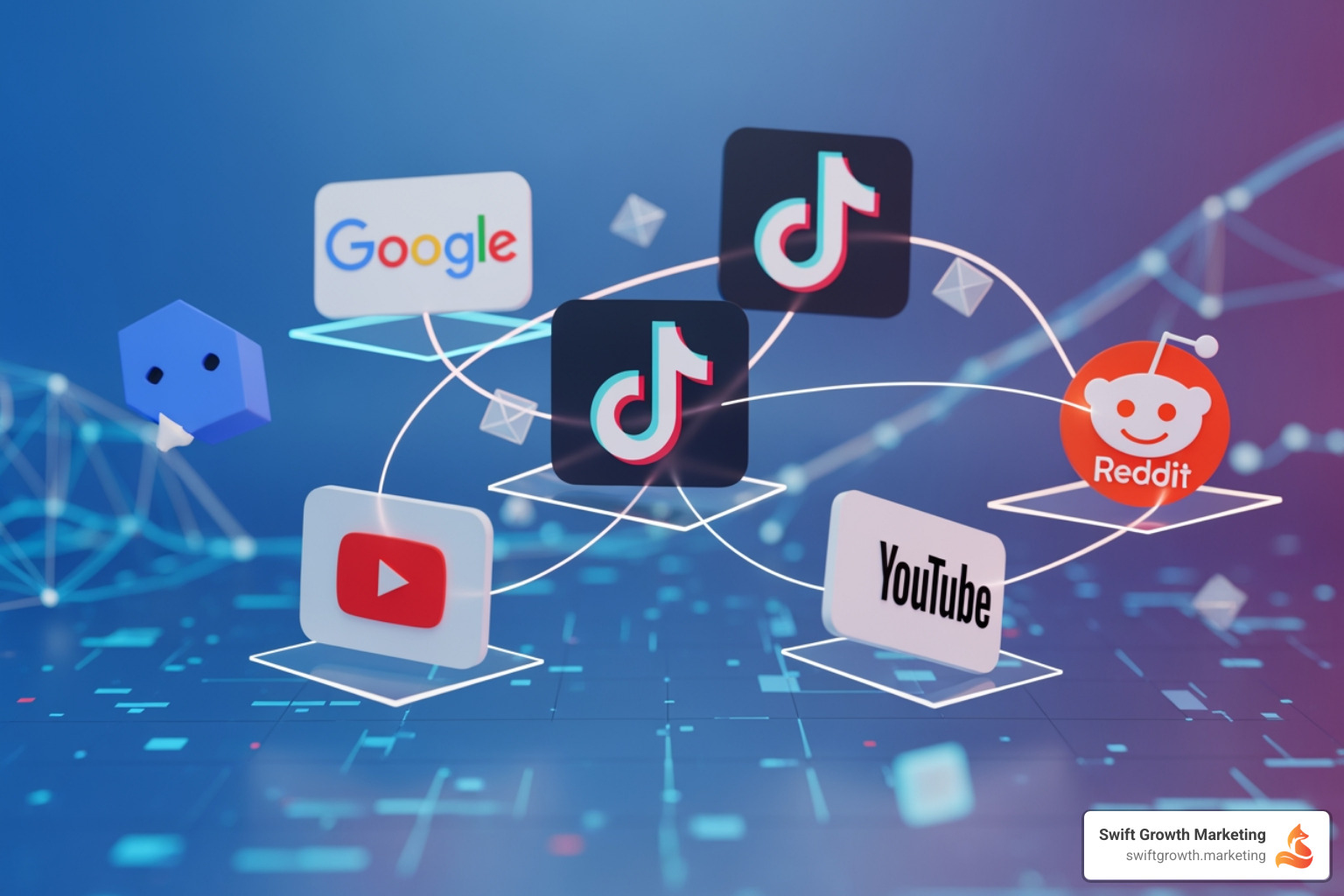 Modern fragmented search ecosystem including logos for Google, TikTok, YouTube, and Reddit - become category leader