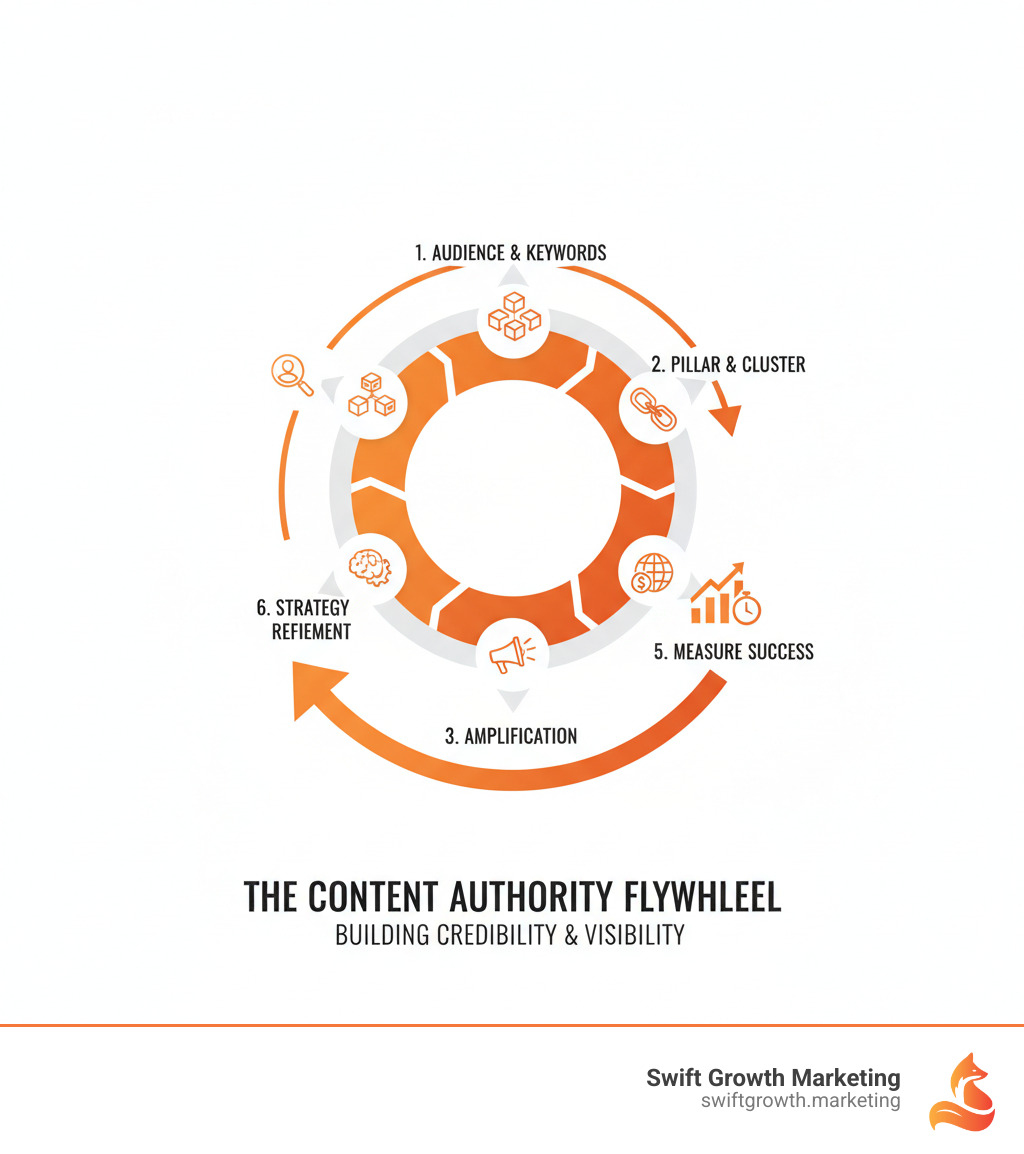 Infographic showing the content authority flywheel: starting with audience research and keyword mapping, moving through pillar page creation and cluster content development, connecting with internal linking strategy, amplifying through external backlinks and social promotion, and measuring success through rankings, traffic, and conversions—all feeding back into strategy refinement - build content authority infographic 