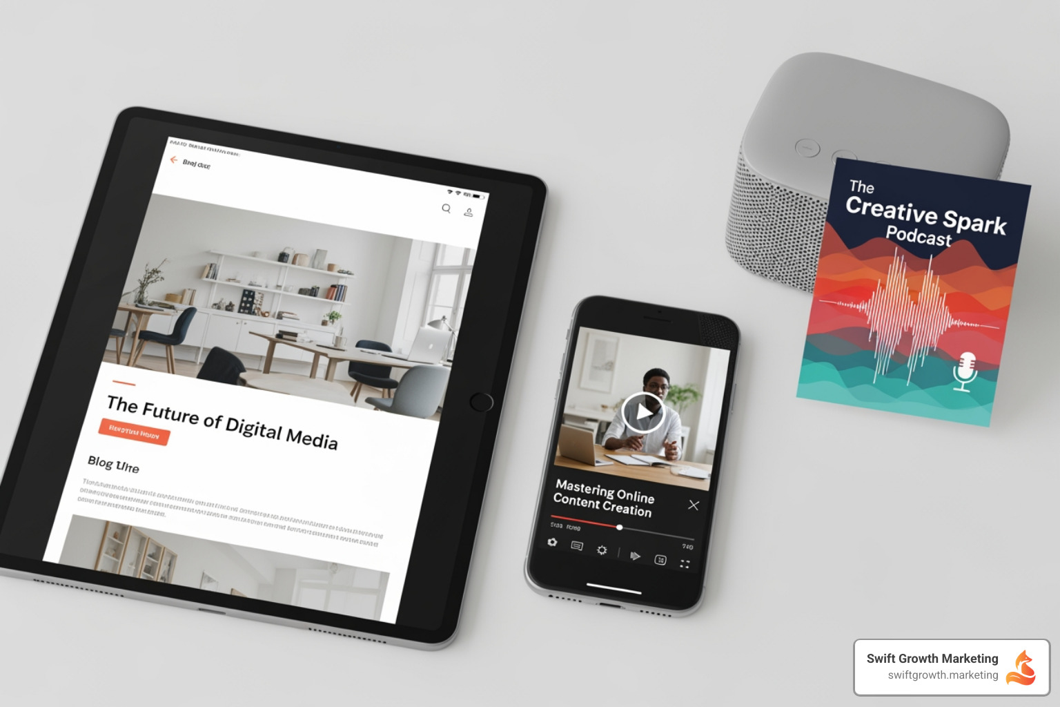 Examples of different content formats: a blog post, a video thumbnail, and a podcast cover - build content authority