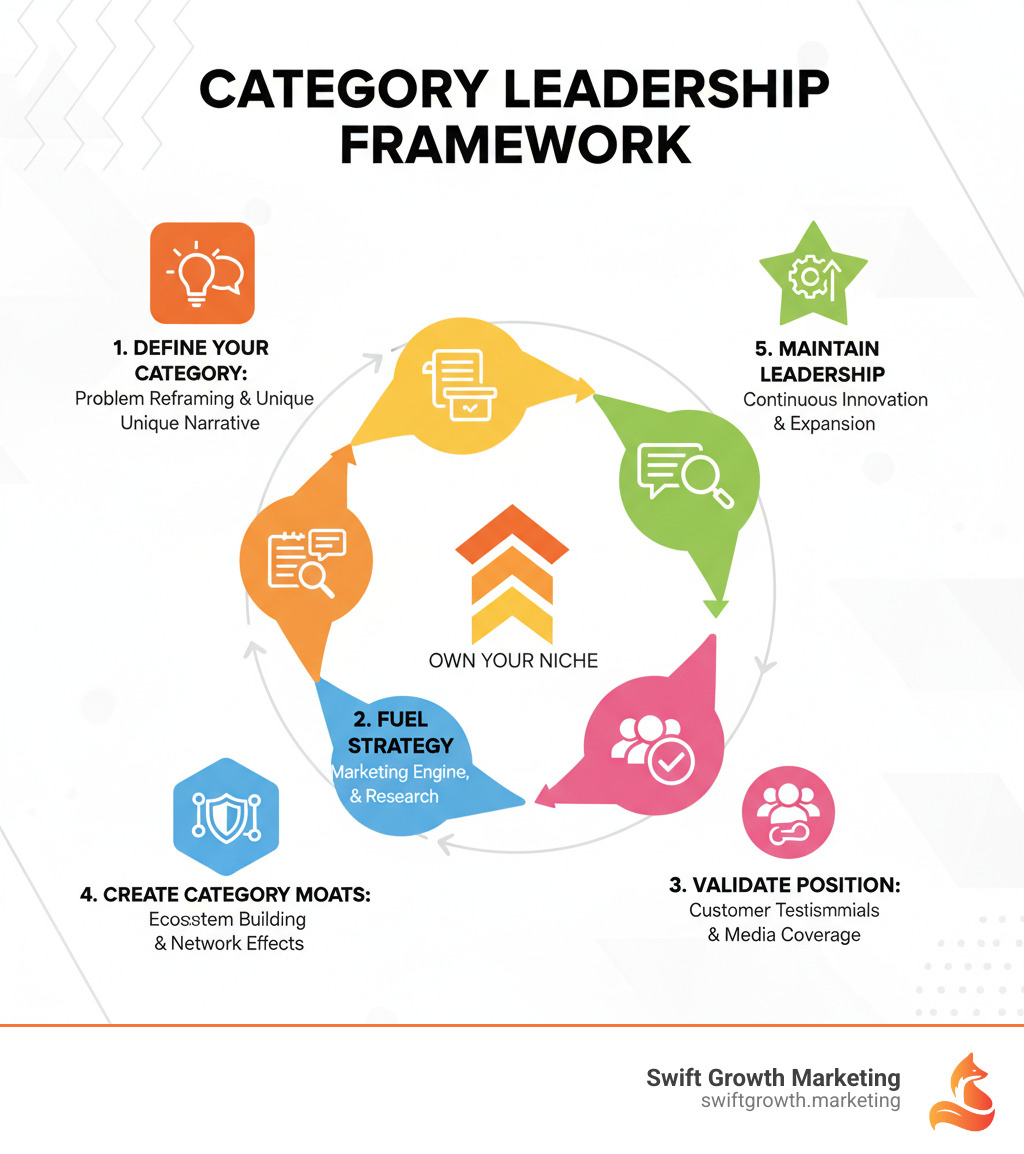 Infographic showing the category leadership framework: Define your category with problem reframing and unique narrative, fuel strategy with content marketing engine including pillar pages and original research, validate position with customer testimonials and media coverage, create category moats through ecosystem building, and maintain leadership through continuous innovation - establish category leadership infographic 