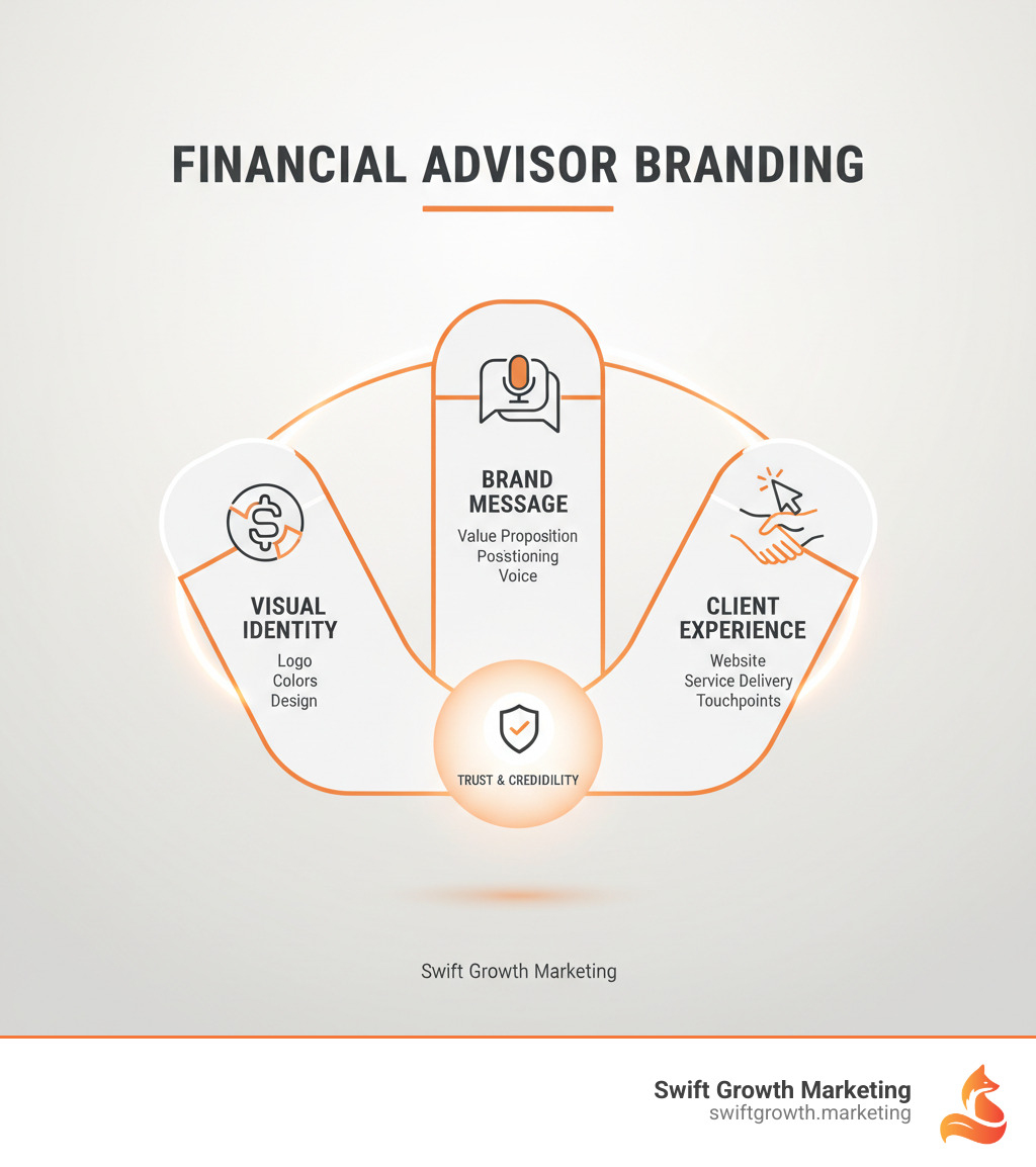 Infographic showing the three pillars of financial advisor branding: Visual Identity (logo, colors, design), Brand Message (value proposition, positioning, voice), and Client Experience (every touchpoint from website to service delivery) - financial advisor branding infographic 