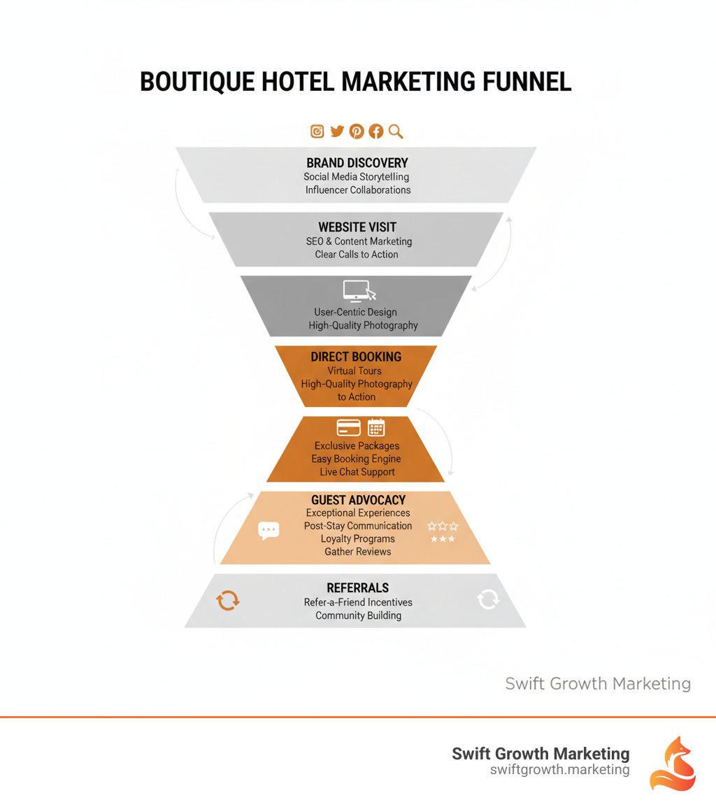 infographic showing the boutique hotel marketing funnel from brand discovery through social media and search, to website visit and direct booking, ending with guest advocacy and referrals, with key tactics listed at each stage - boutique hotel marketing infographic infographic showing the boutique hotel marketing funnel from brand discovery through social media and search, to website visit and direct booking, ending with guest advocacy and referrals, with key tactics listed at each stage - boutique hotel marketing infographic