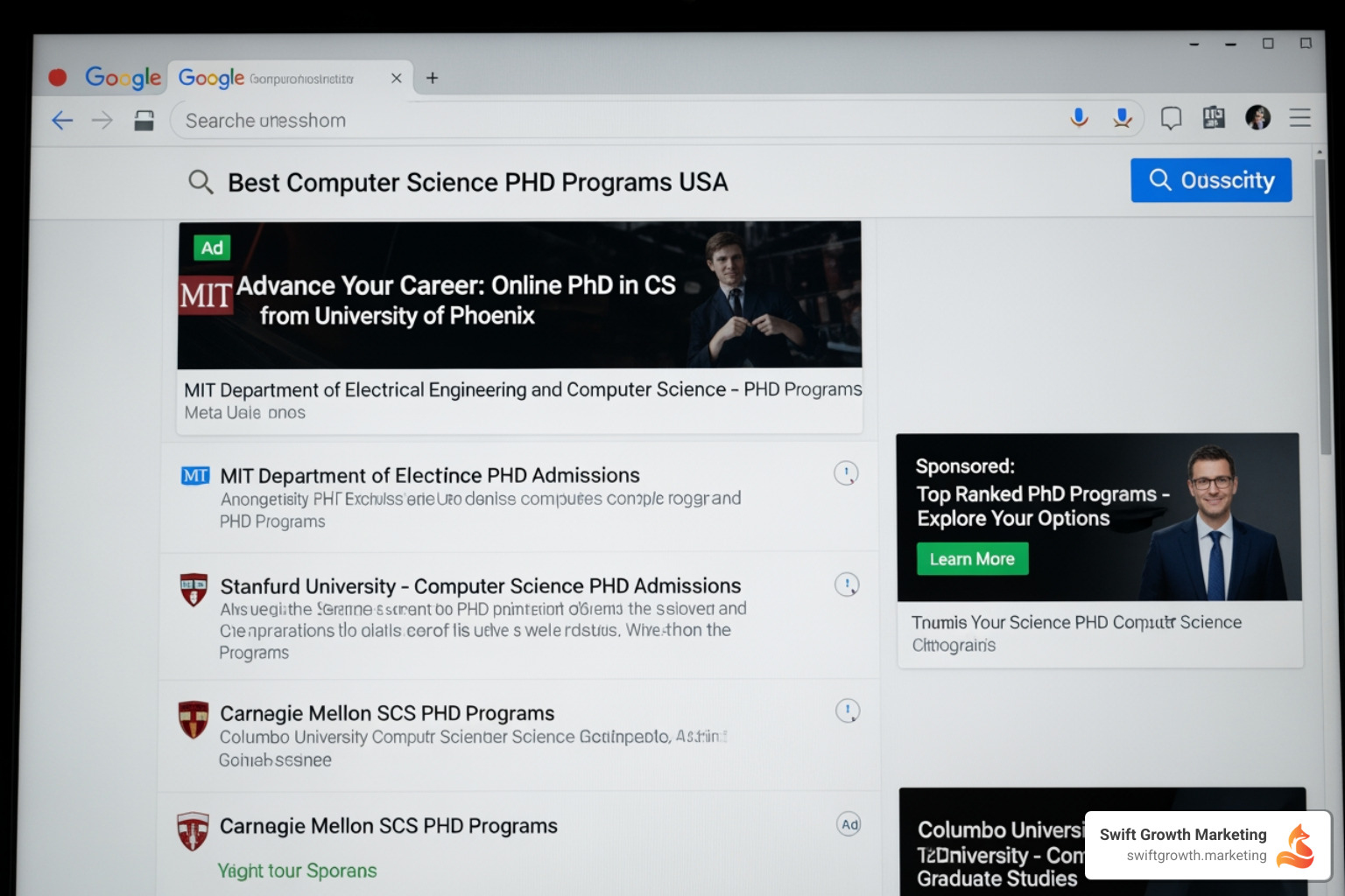 A search engine results page displaying various academic programs, with organic results prominently featuring university websites and program-specific landing pages, interspersed with paid ads. - academic program promotion A search engine results page displaying various academic programs, with organic results prominently featuring university websites and program-specific landing pages, interspersed with paid ads. - academic program promotion