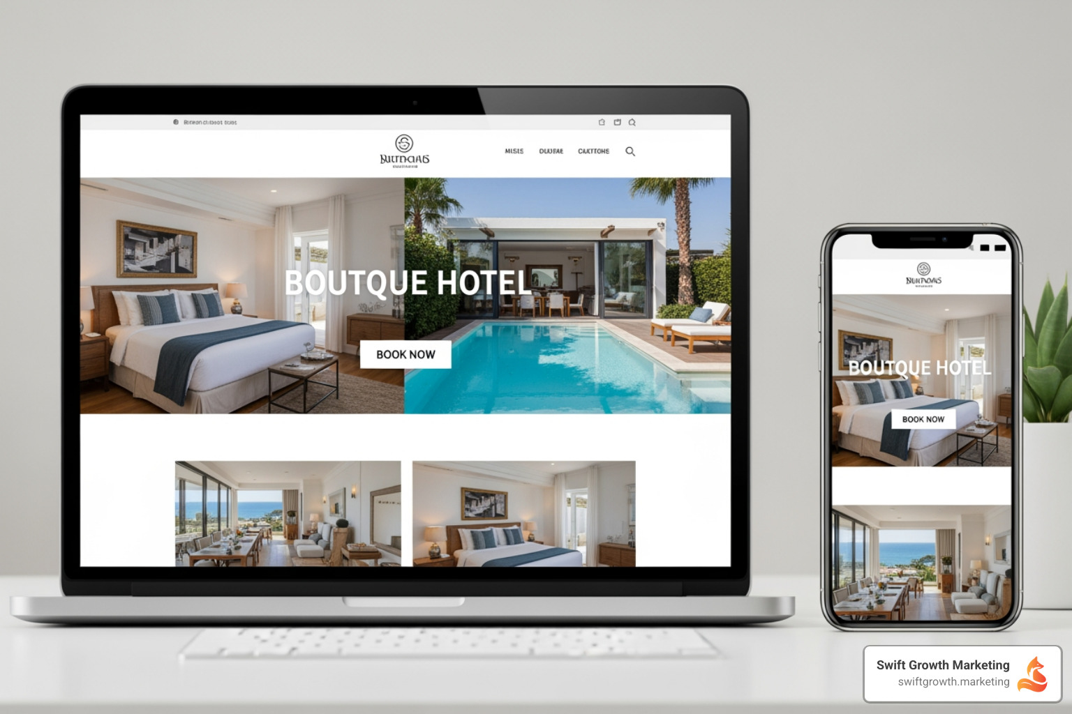 boutique hotel website shown on both a desktop and mobile screen, highlighting a clear "Book Now" button - boutique hotel marketing boutique hotel website shown on both a desktop and mobile screen, highlighting a clear "Book Now" button - boutique hotel marketing