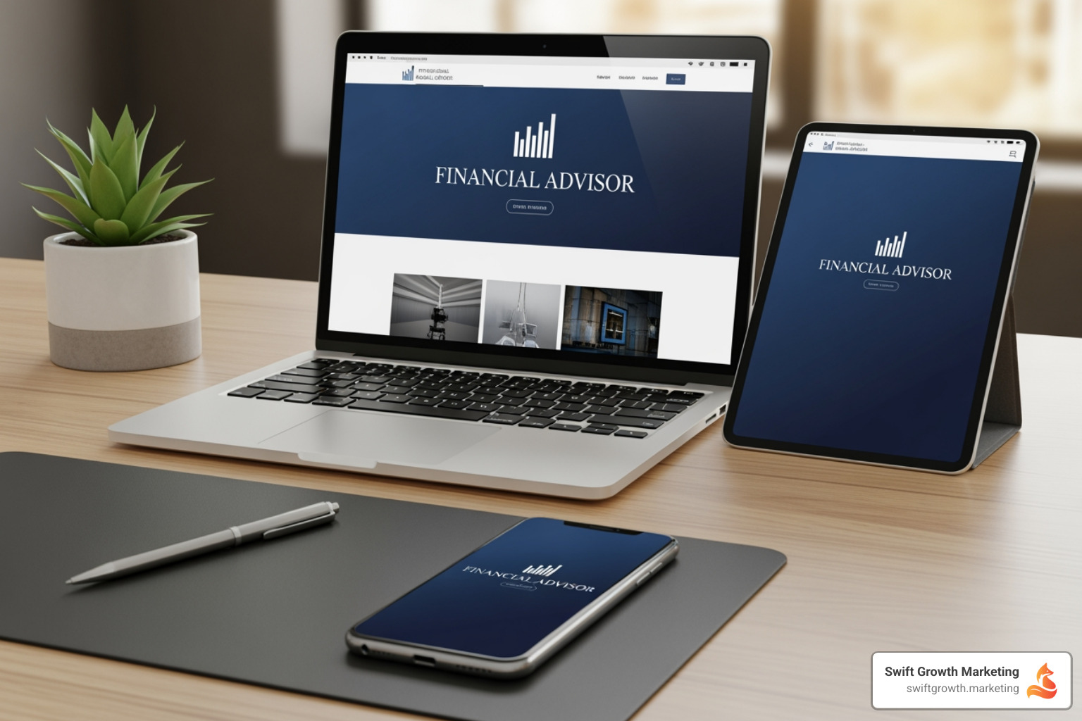 financial advisor's consistent brand displayed on a laptop, tablet, and smartphone - financial advisor branding