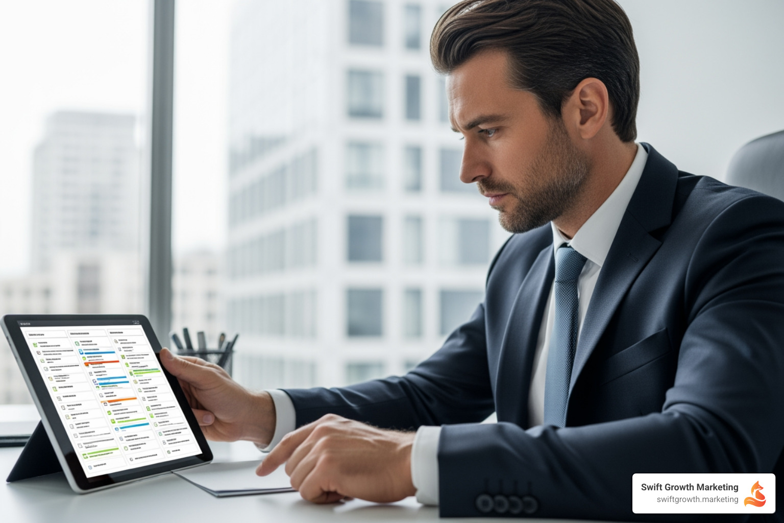 Business owner with checklist making a decision - fractional cmo vs consultant Business owner with checklist making a decision - fractional cmo vs consultant