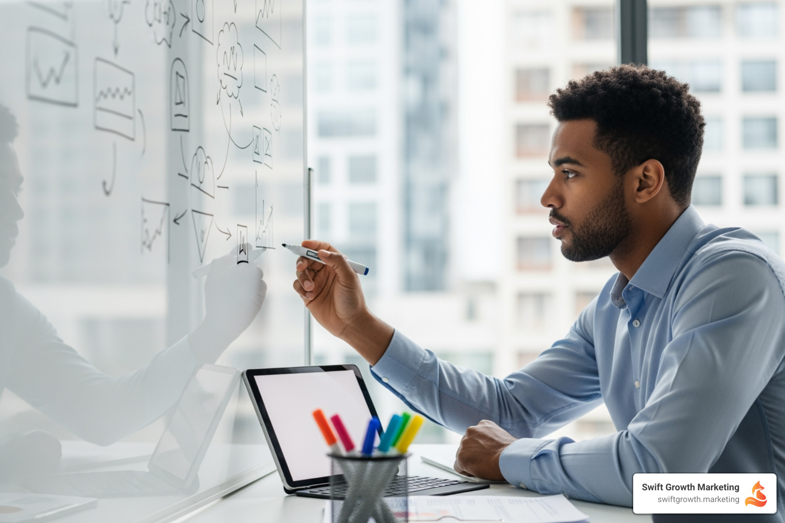 person at a desk brainstorming on a whiteboard - financial advisor branding