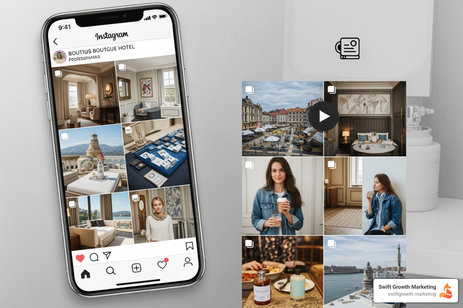 curated Instagram feed for a boutique hotel, featuring a mix of professional photos, UGC, and Reels - boutique hotel marketing curated Instagram feed for a boutique hotel, featuring a mix of professional photos, UGC, and Reels - boutique hotel marketing