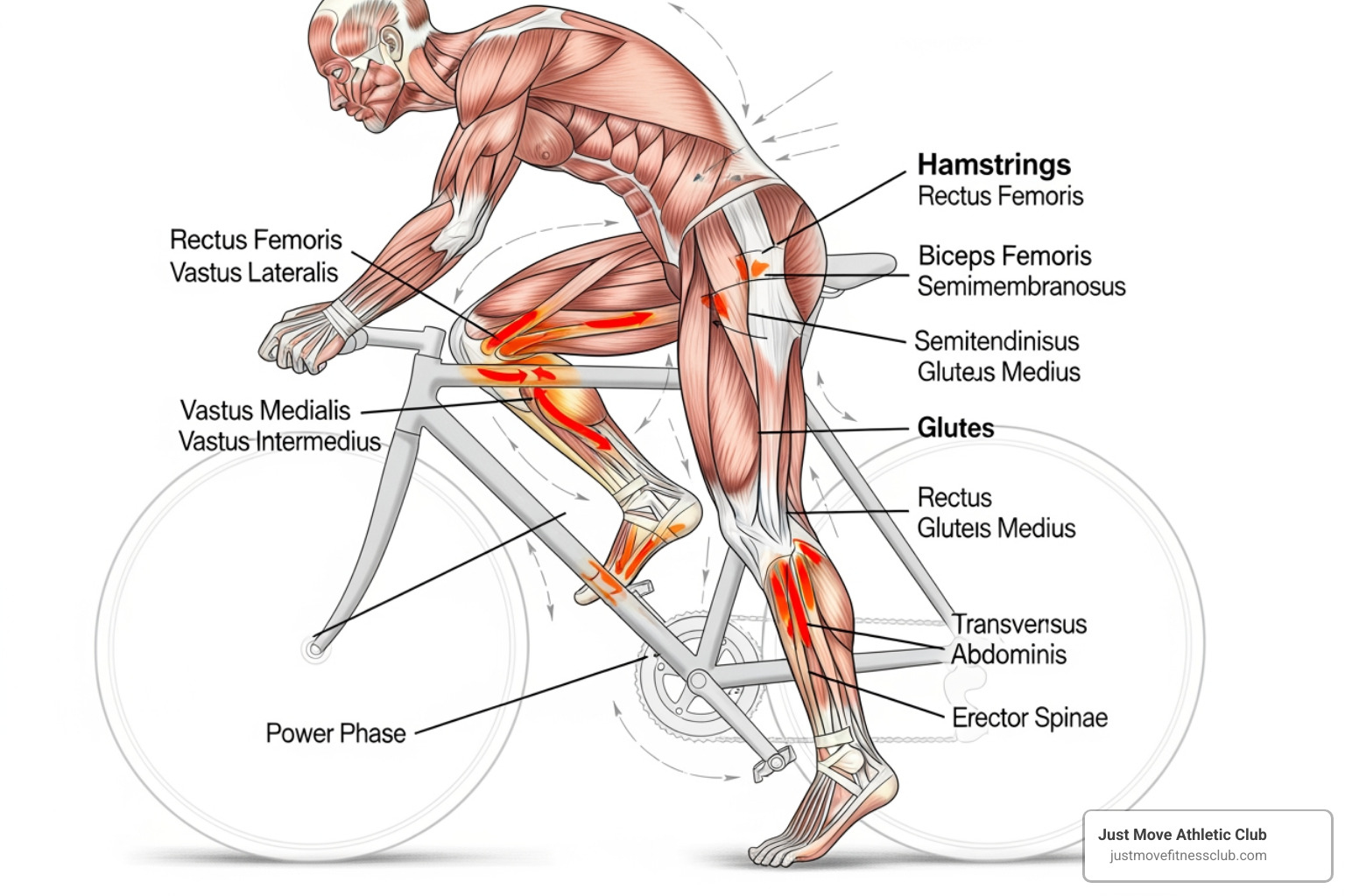 diagram showing the primary muscles worked in cycling (quads, hamstrings, glutes, core) - spin class benefits