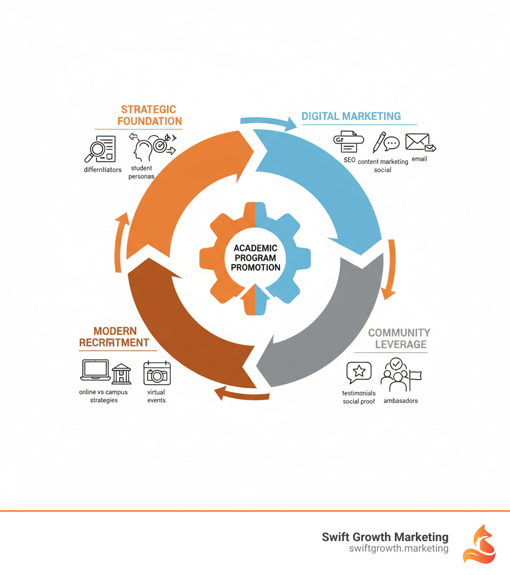 Infographic showing the key components of academic program promotion: Strategic Foundation (program differentiators, student personas, competitor analysis), Digital Marketing (SEO, content marketing, social media, email), Community Leverage (testimonials, social proof, ambassadors), and Modern Recruitment (online vs campus strategies, virtual events) - academic program promotion infographic Infographic showing the key components of academic program promotion: Strategic Foundation (program differentiators, student personas, competitor analysis), Digital Marketing (SEO, content marketing, social media, email), Community Leverage (testimonials, social proof, ambassadors), and Modern Recruitment (online vs campus strategies, virtual events) - academic program promotion infographic