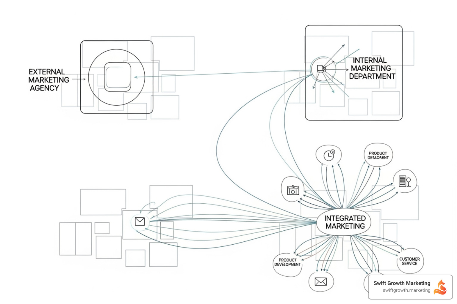 Diagram showing three models: a detached agency, a siloed in-house team, and an integrated embedded consultant - embedded marketing consultant
