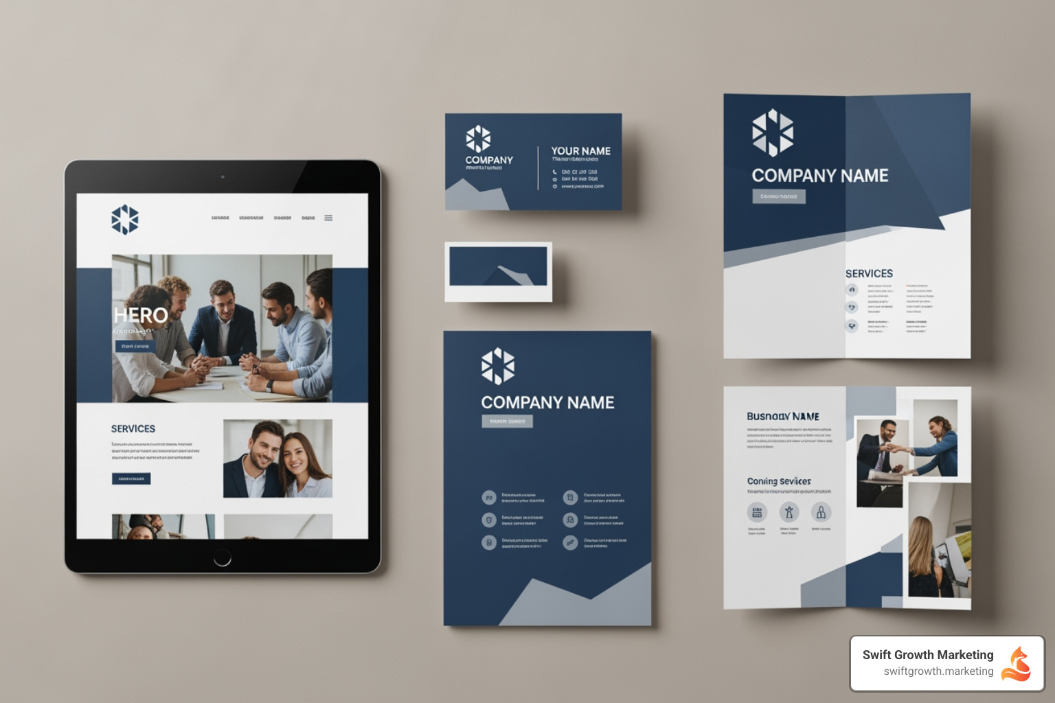 A cohesive brand identity displayed across various media, including a modern website homepage, a professional business card, and a sleek brochure, all featuring consistent logo, color palette, and typography. - consulting firm branding