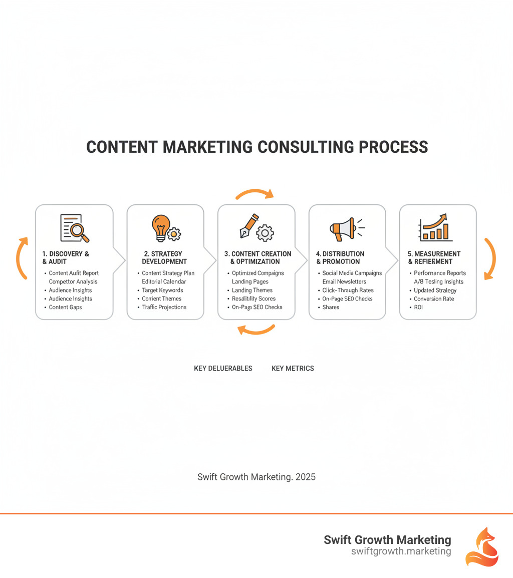 Infographic showing the content marketing consulting process: Discovery & Audit → Strategy Development → Content Creation & Optimization → Distribution & Promotion → Measurement & Refinement, with key deliverables and metrics at each stage - content marketing consulting services infographic Infographic showing the content marketing consulting process: Discovery & Audit → Strategy Development → Content Creation & Optimization → Distribution & Promotion → Measurement & Refinement, with key deliverables and metrics at each stage - content marketing consulting services infographic
