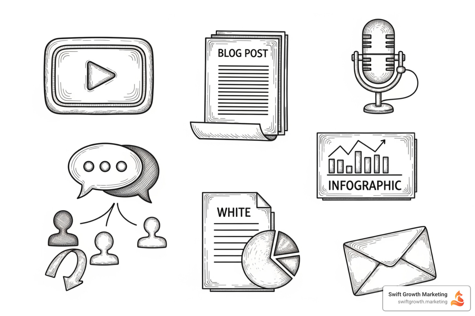 Icons representing different content types: video, blog, podcast, social media, infographic, whitepaper, email - content marketing for brands Icons representing different content types: video, blog, podcast, social media, infographic, whitepaper, email - content marketing for brands