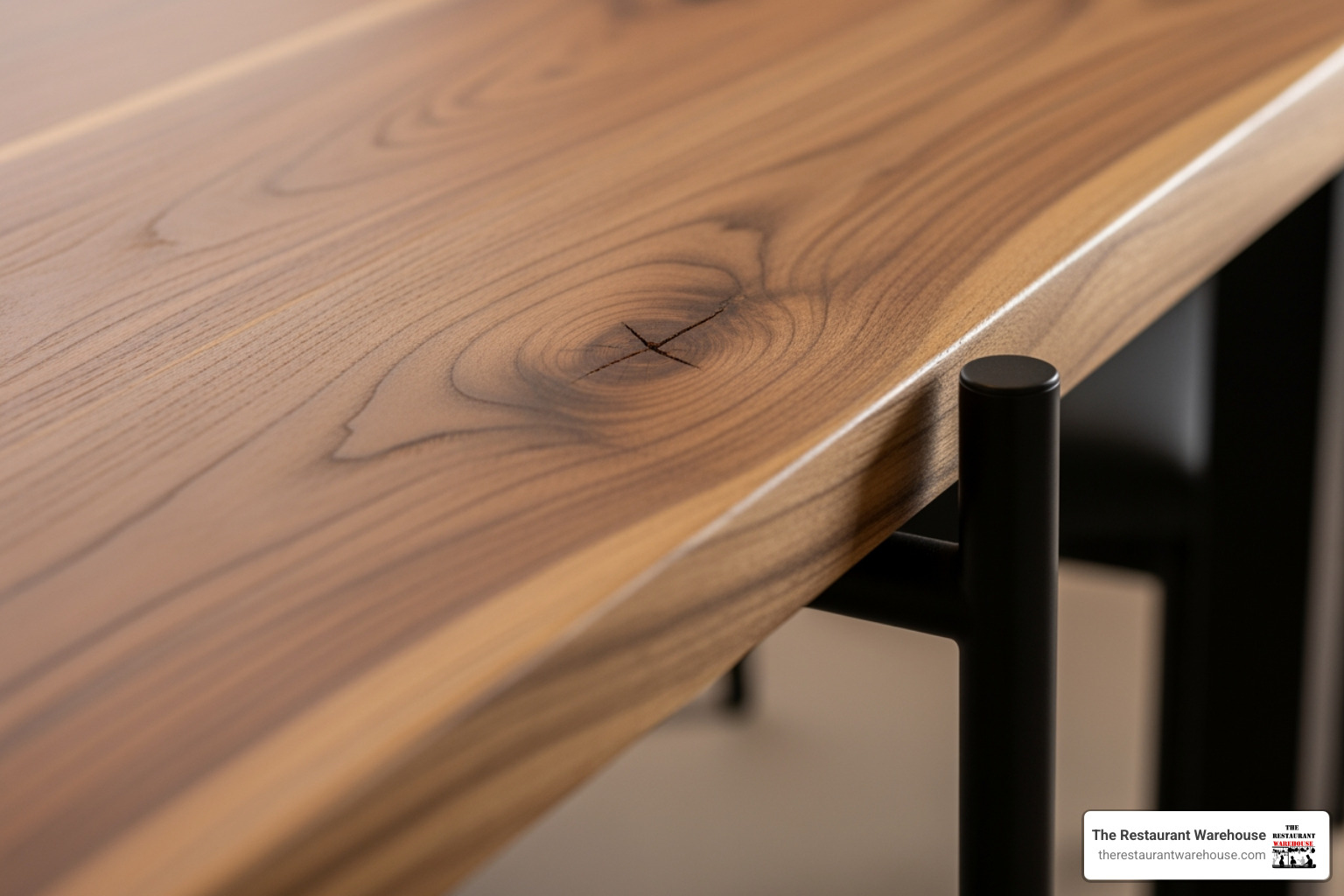 Close-up shot showing the grain of a solid wood tabletop next to a powder-coated metal chair leg - restaurant furniture Close-up shot showing the grain of a solid wood tabletop next to a powder-coated metal chair leg - restaurant furniture