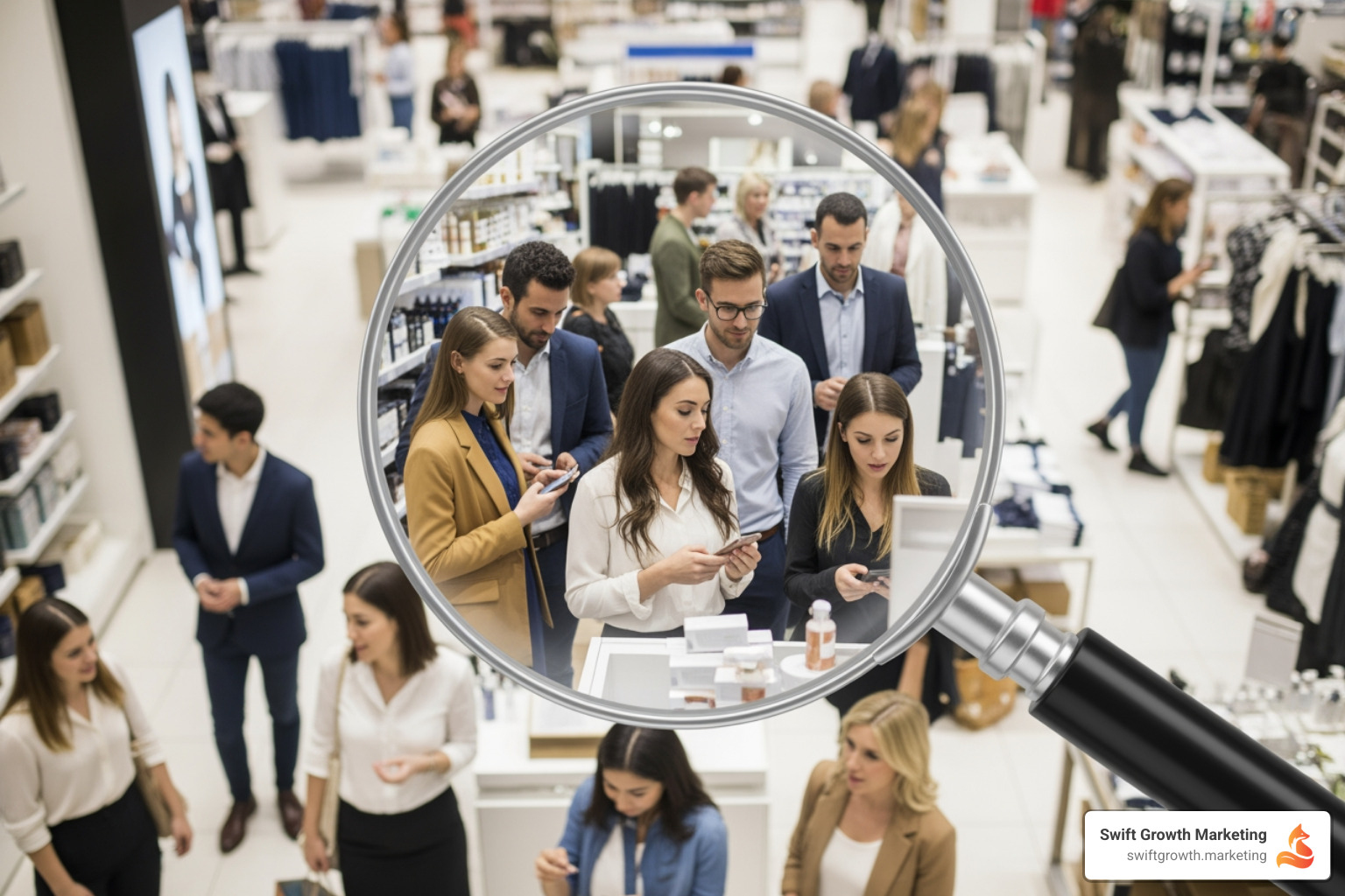 A magnifying glass over a large, diverse group of customers - growth marketing for established brands A magnifying glass over a large, diverse group of customers - growth marketing for established brands