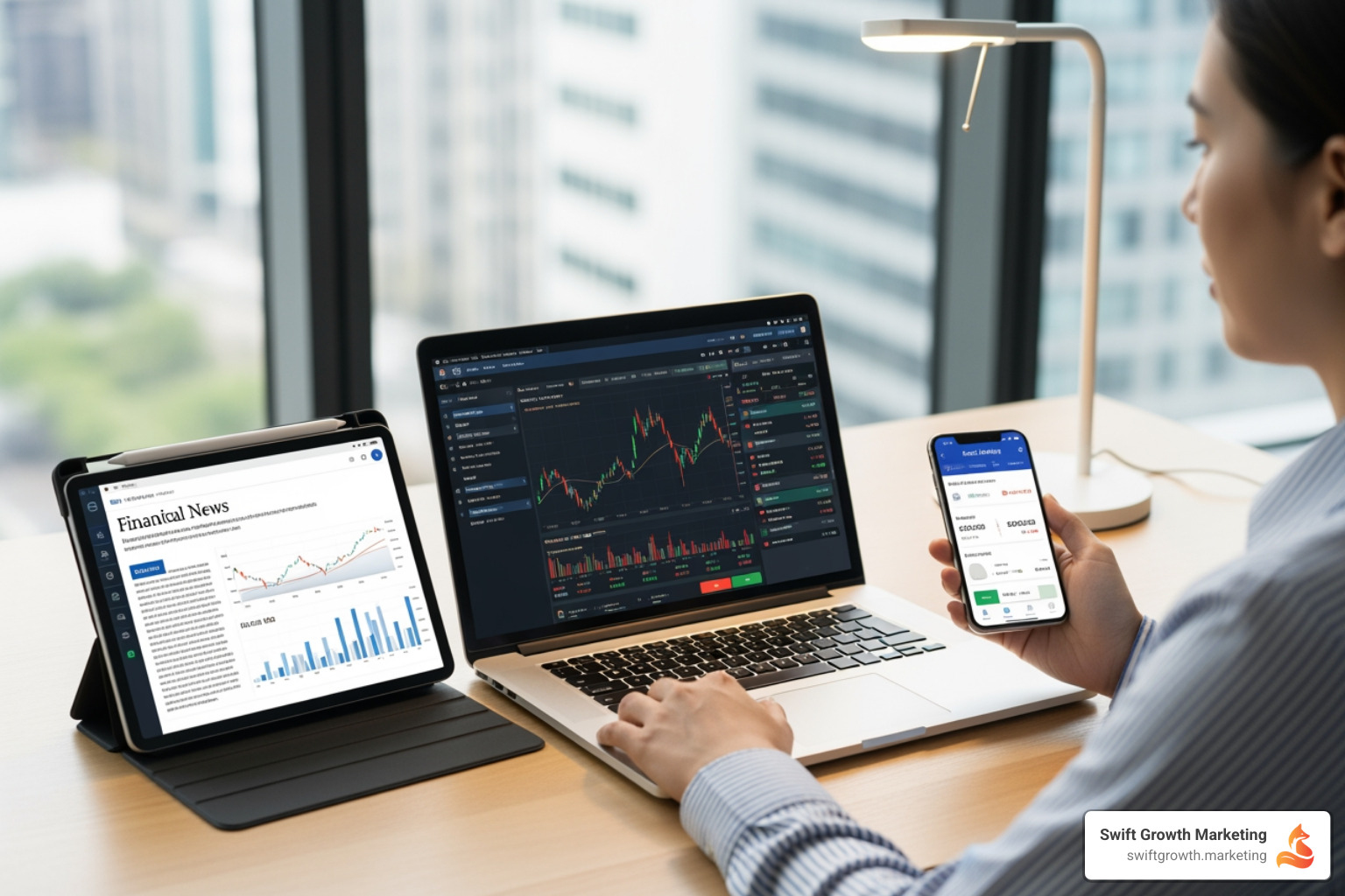 person engaging with financial content on multiple devices (phone, tablet, laptop) - financial advisory marketing