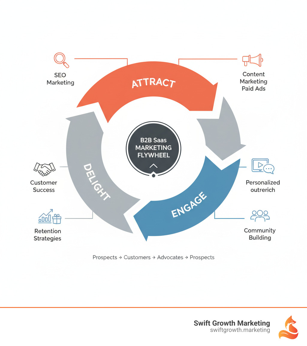 Infographic showing the B2B SaaS marketing flywheel with three interconnected stages: Attract (content marketing, SEO, paid ads drawing prospects in), Engage (product trials, personalized outreach, community building converting prospects to customers), and Delight (customer success, retention strategies, referral programs turning customers into advocates who attract new prospects) - b2b saas marketing infographic 