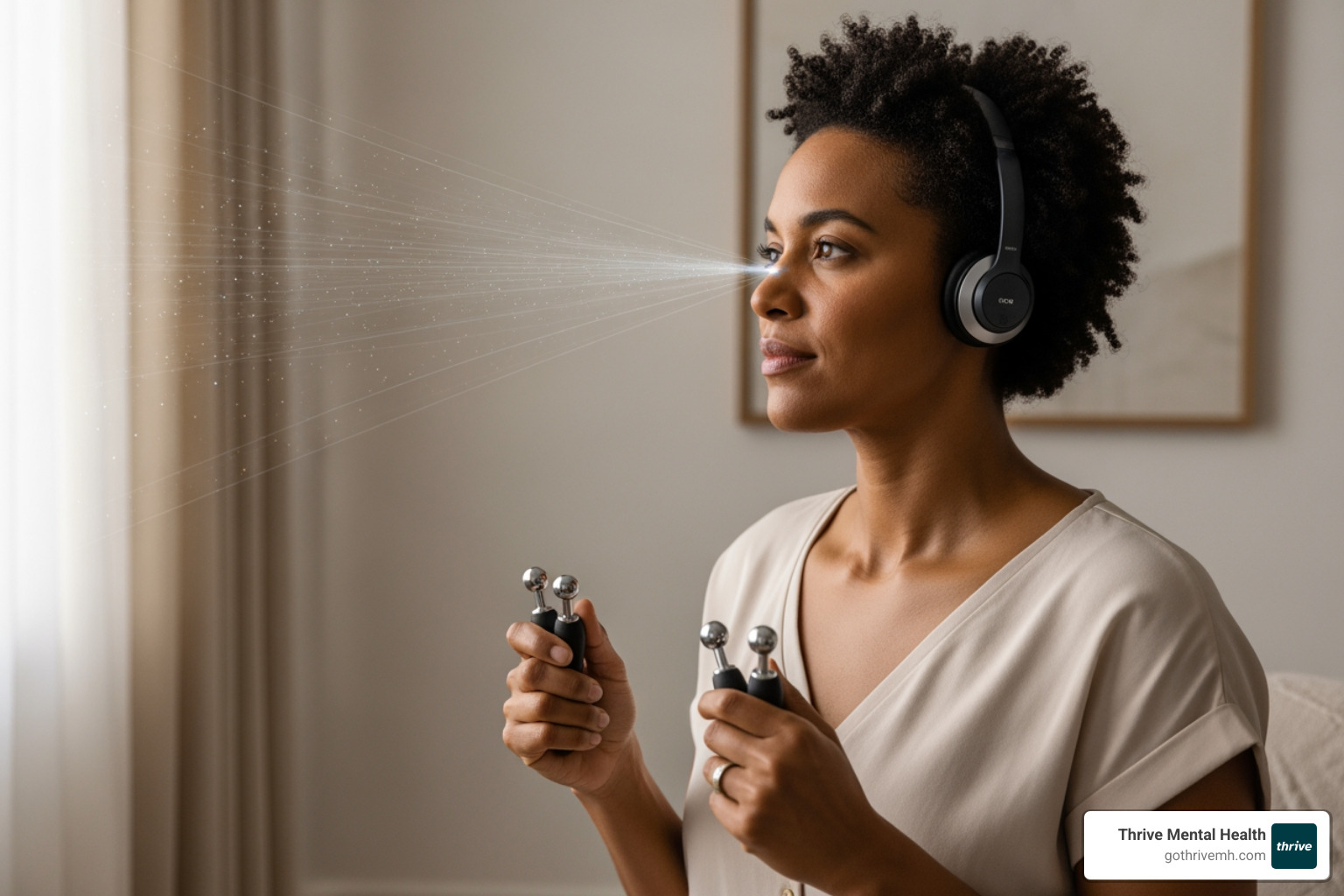 Person following a moving light, wearing headphones, and using tactile tappers. Alt: "Three types of bilateral stimulation: visual, auditory, tactile." - The Science Behind Bilateral Stimulation and Memory Processing