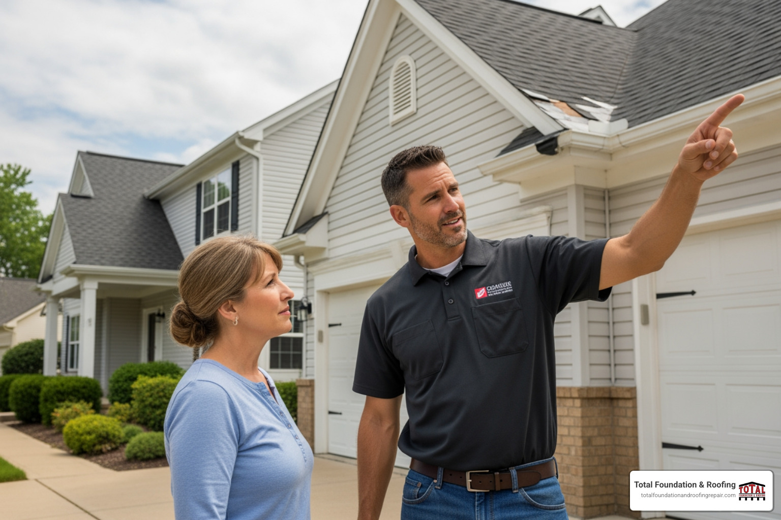 Roofing contractor discussing repair with homeowner - Hail damage roof repair
