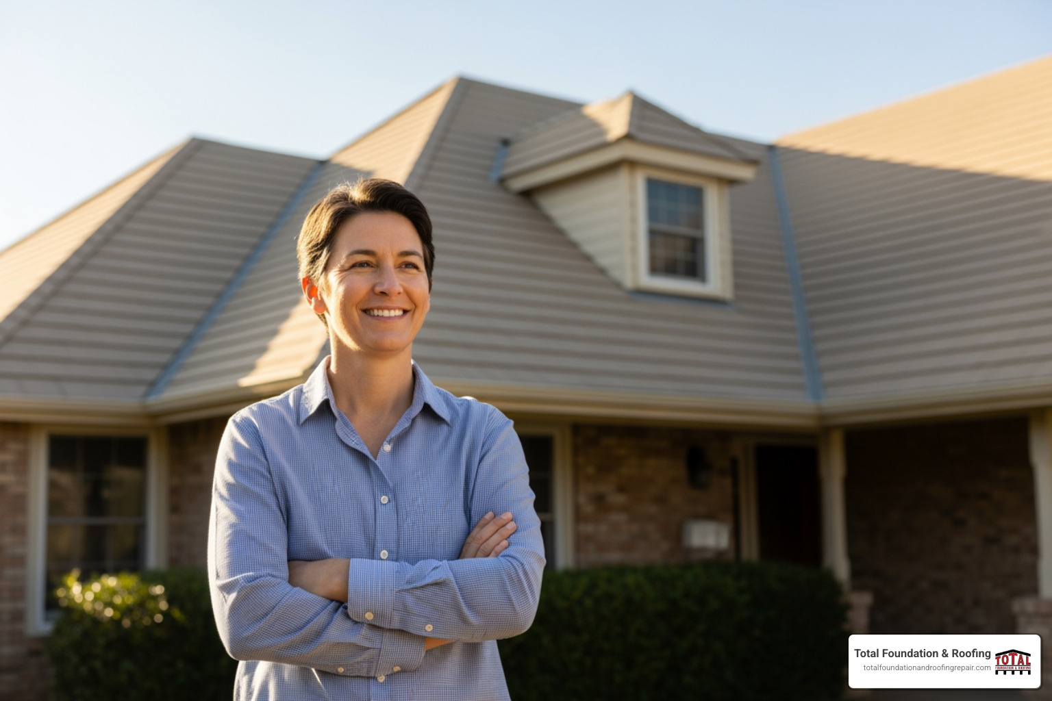 Happy homeowner with repaired roof - Hail damage roof repair