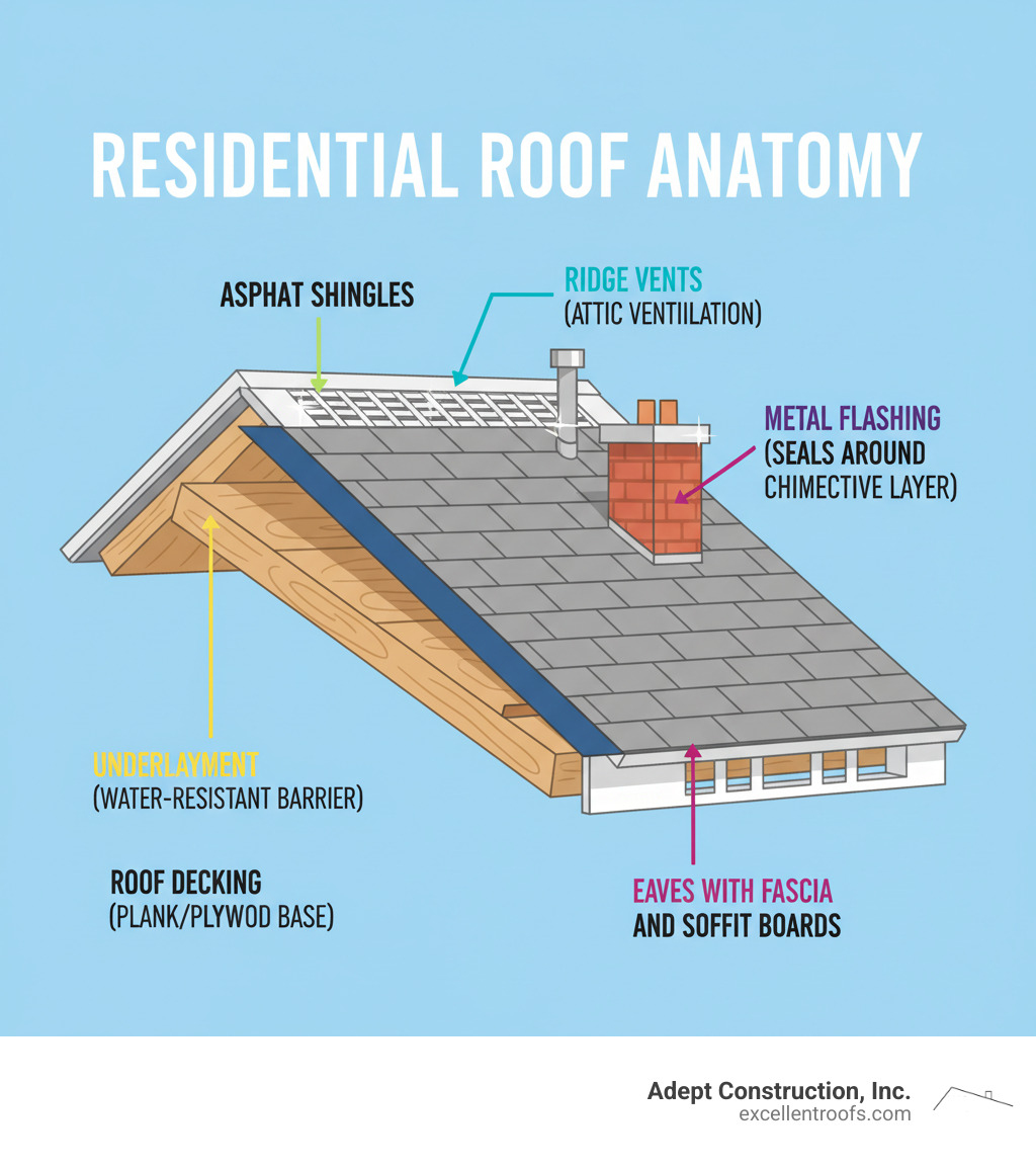 Detailed infographic showing the anatomy of a residential roof system, including labeled components: roof decking (plank or plywood base), underlayment (water-resistant barrier), asphalt shingles (outer protective layer), metal flashing (seals around chimneys and vents), ridge vents (attic ventilation), and eaves with fascia and soffit boards - repair of roofing infographic 