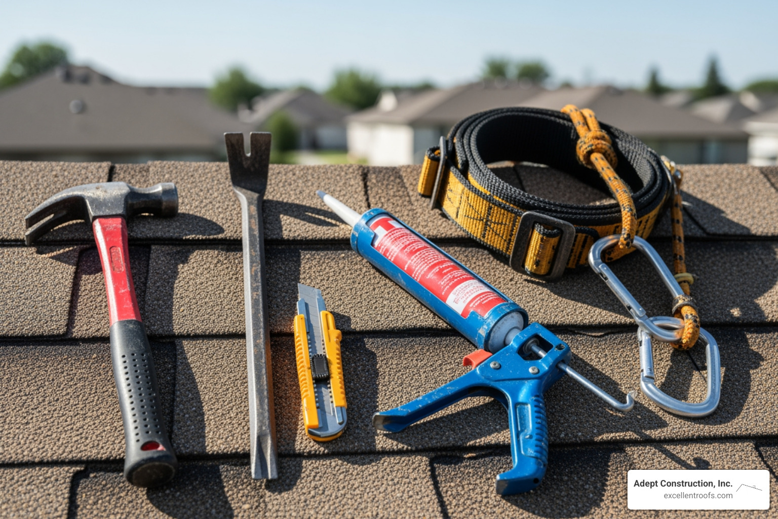 a basic roof repair toolkit including a hammer, pry bar, utility knife, caulk gun, and safety harness - repair of roofing