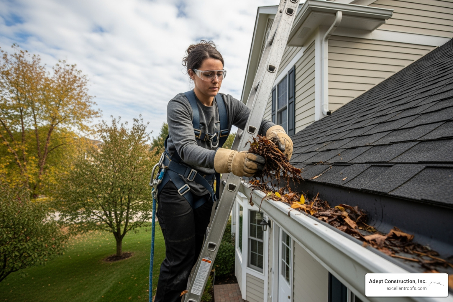 a homeowner cleaning gutters with proper safety gear - repair of roofing