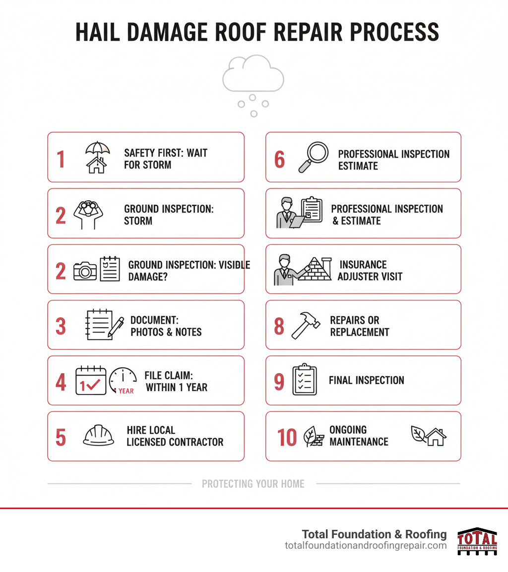Infographic showing the hail damage roof repair process: 1. Safety first - wait for storm to pass, 2. Inspect from ground for visible damage, 3. Document with photos and notes, 4. File insurance claim within 1 year, 5. Hire licensed local contractor, 6. Professional inspection and estimate, 7. Insurance adjuster visit, 8. Repairs or replacement, 9. Final inspection, 10. Ongoing maintenance - Hail damage roof repair infographic 