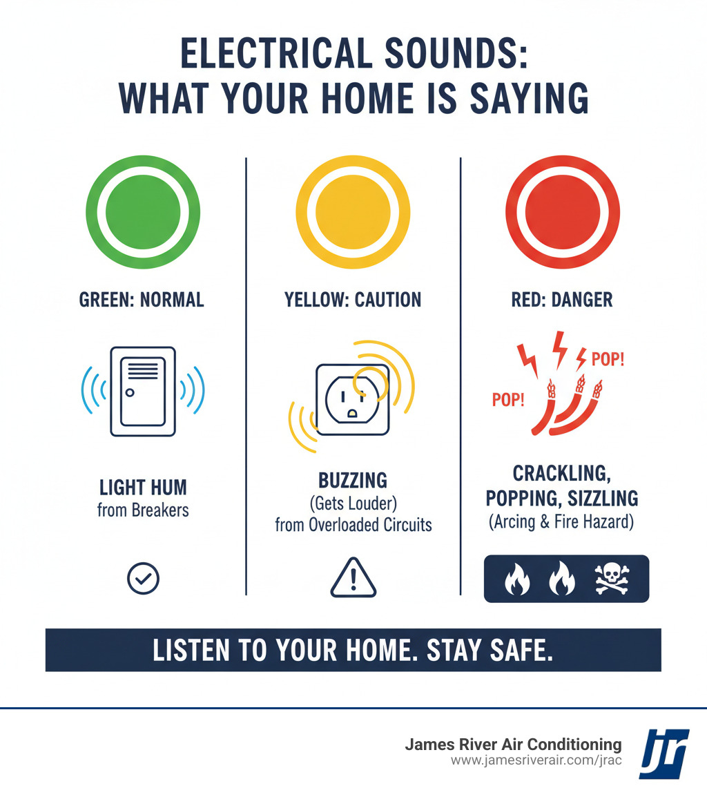 infographic showing different types of electrical sounds with traffic light indicators - green for normal light hum from breakers, yellow for buzzing that gets louder from overloaded circuits, and red for crackling popping sizzling sounds indicating arcing and fire hazard, with illustrations of electrical panel, outlet, and warning symbols - electrical making noise in bon air, va infographic 