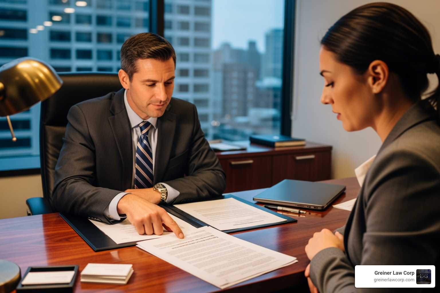 a lawyer pointing to a clause in a contract for a client - mortgage lawyers