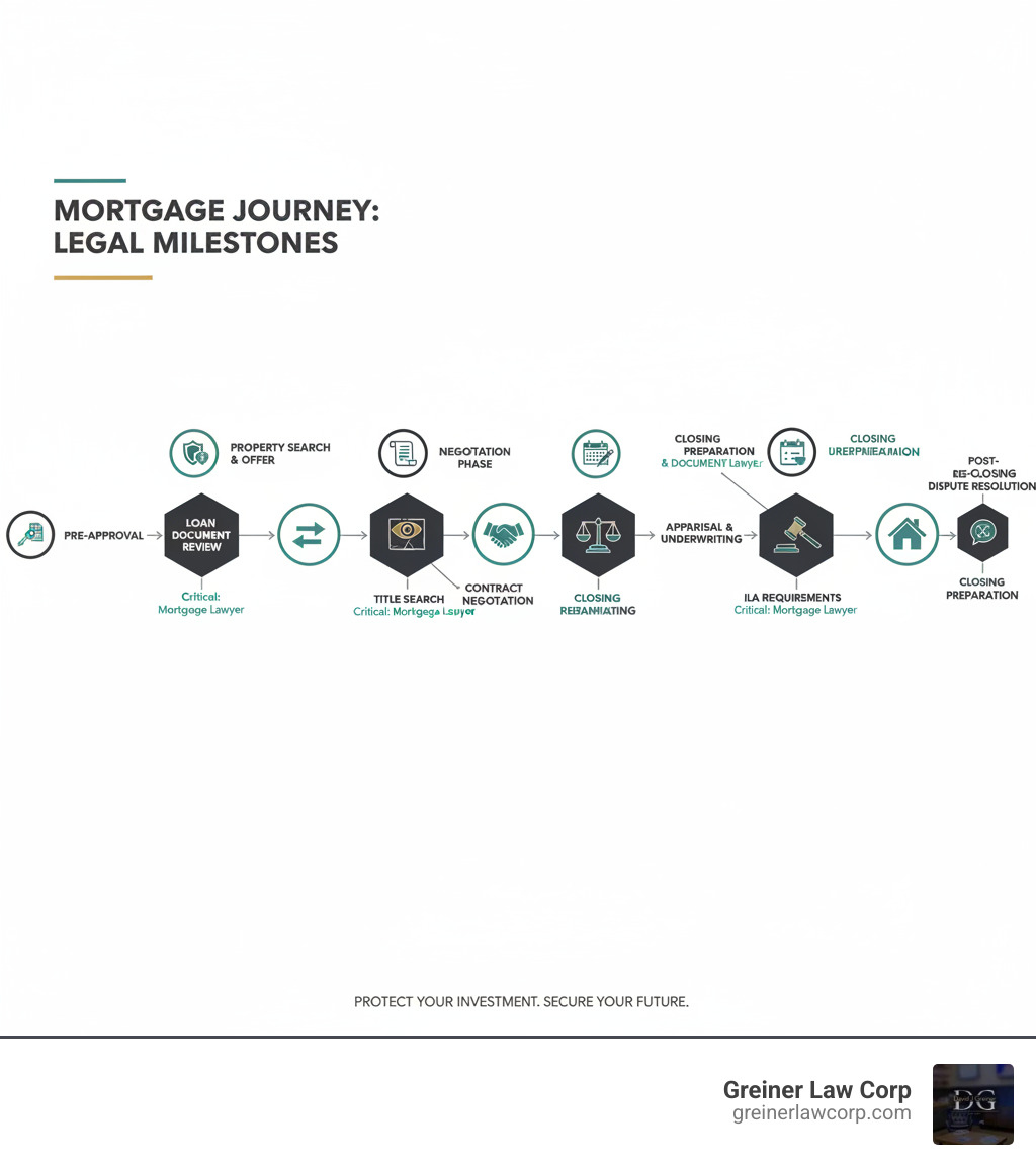 Infographic showing the mortgage process timeline from pre-approval through closing, with key decision points where a mortgage lawyer's expertise is critical: loan document review, title search, negotiation phase, ILA requirements, closing preparation, and post-closing dispute resolution - mortgage lawyers infographic 
