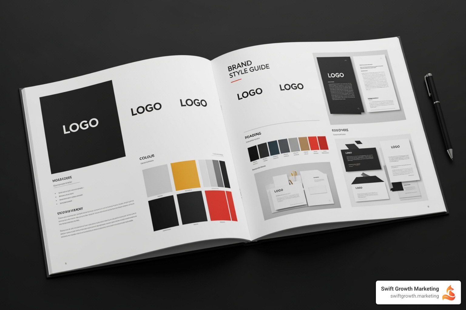 A comprehensive brand style guide showing logo variations, color palette, typography hierarchy, and examples of brand application - brand studio services for companies