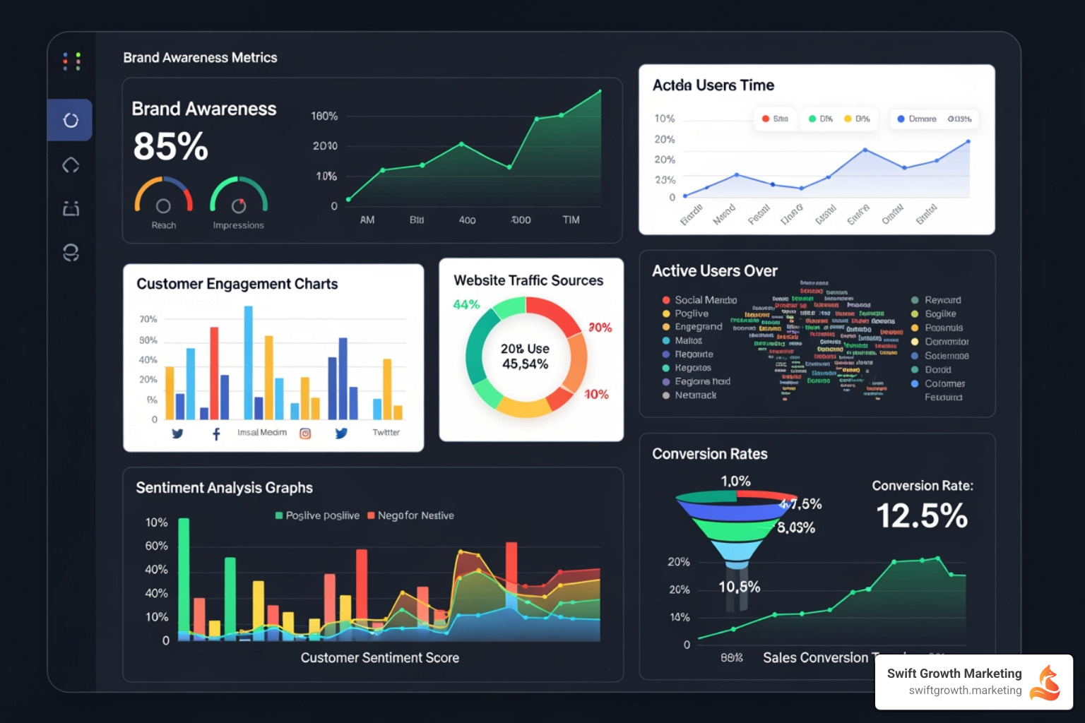 A dashboard displaying key performance indicators for brand health and growth, including brand awareness, customer engagement, sentiment, and conversion rates - brand studio services for companies