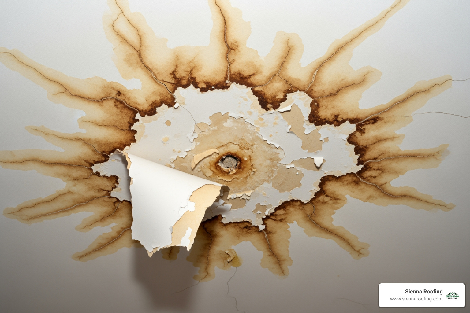 Water stains spreading across a ceiling from a roof leak - roof maintenance missouri city