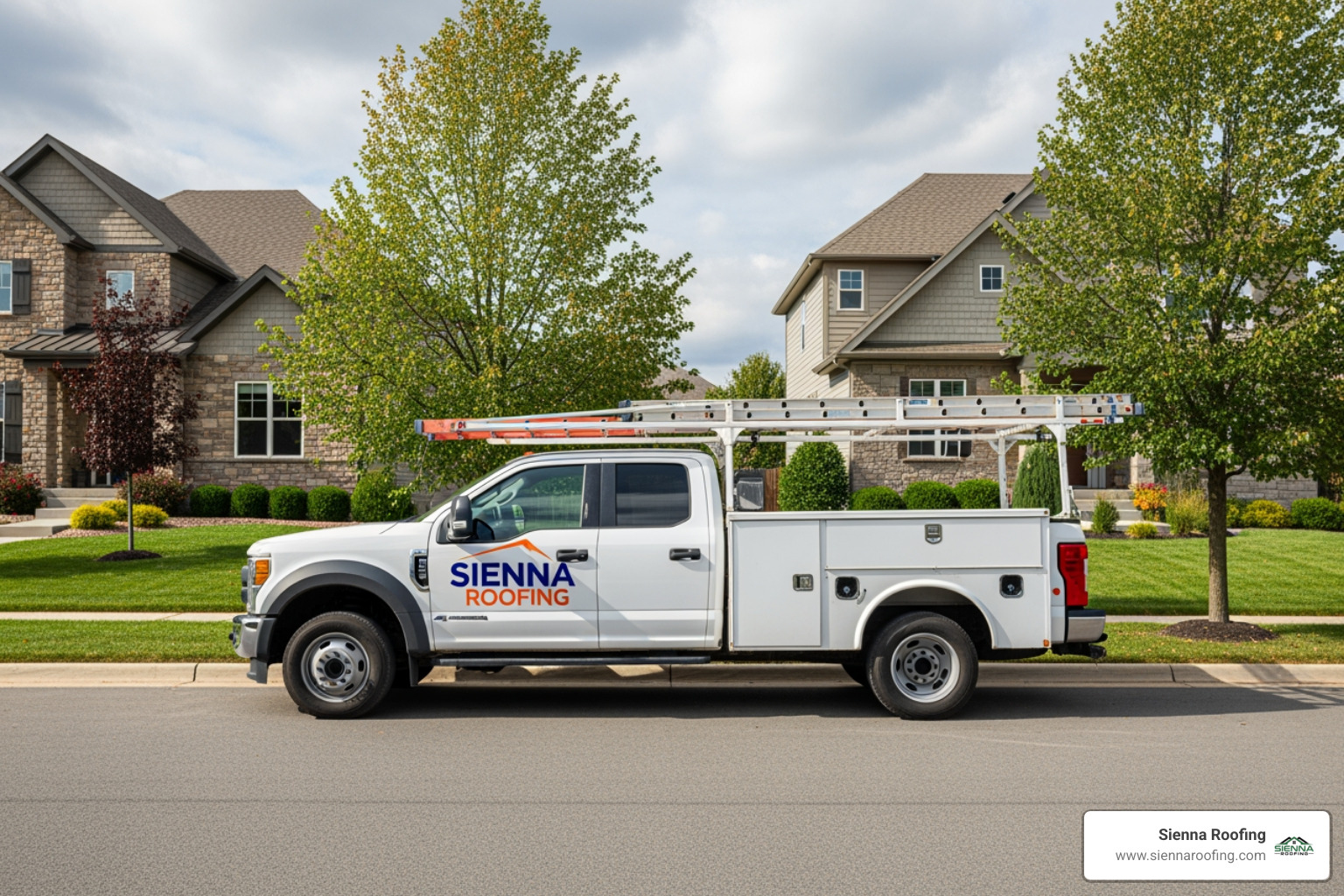 A Sienna Roofing truck in a Missouri City neighborhood - roof maintenance missouri city