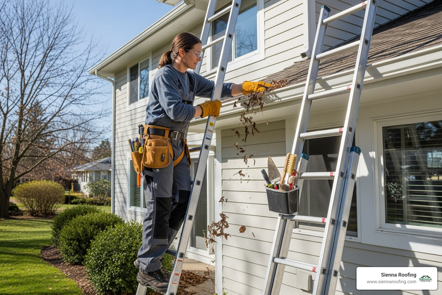 A homeowner safely inspecting their gutters from a ladder - roof maintenance missouri city