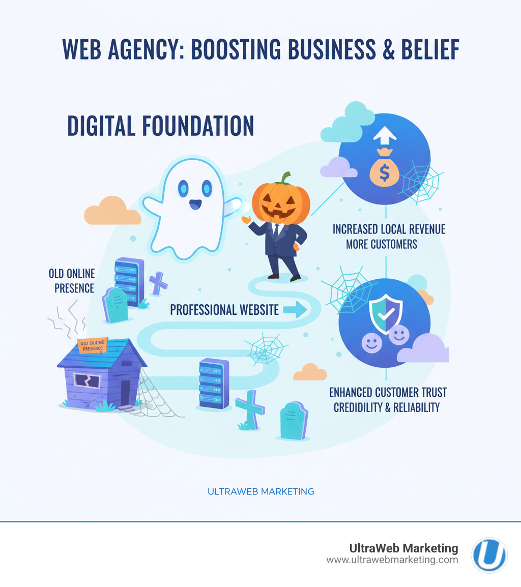 Infographic explaining the impact of a professional website on local business revenue and customer trust. Features a friendly ghost guiding a pumpkin-headed business owner through a spooky but welcoming digital landscape. - boca web agency infographic 