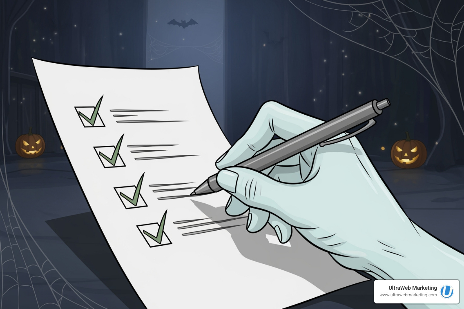 A Halloween-themed checklist with items like "Proven Results," "Transparency," and "Local Expertise" with spooky hands ticking them off. - delray beach search engine optimization A Halloween-themed checklist with items like "Proven Results," "Transparency," and "Local Expertise" with spooky hands ticking them off. - delray beach search engine optimization