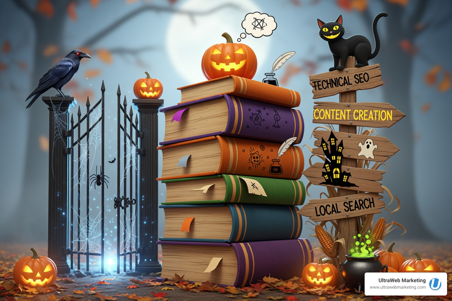 Three spooky pillars labeled Technical SEO, Content, and Local SEO - delray beach search engine optimization Three spooky pillars labeled Technical SEO, Content, and Local SEO - delray beach search engine optimization