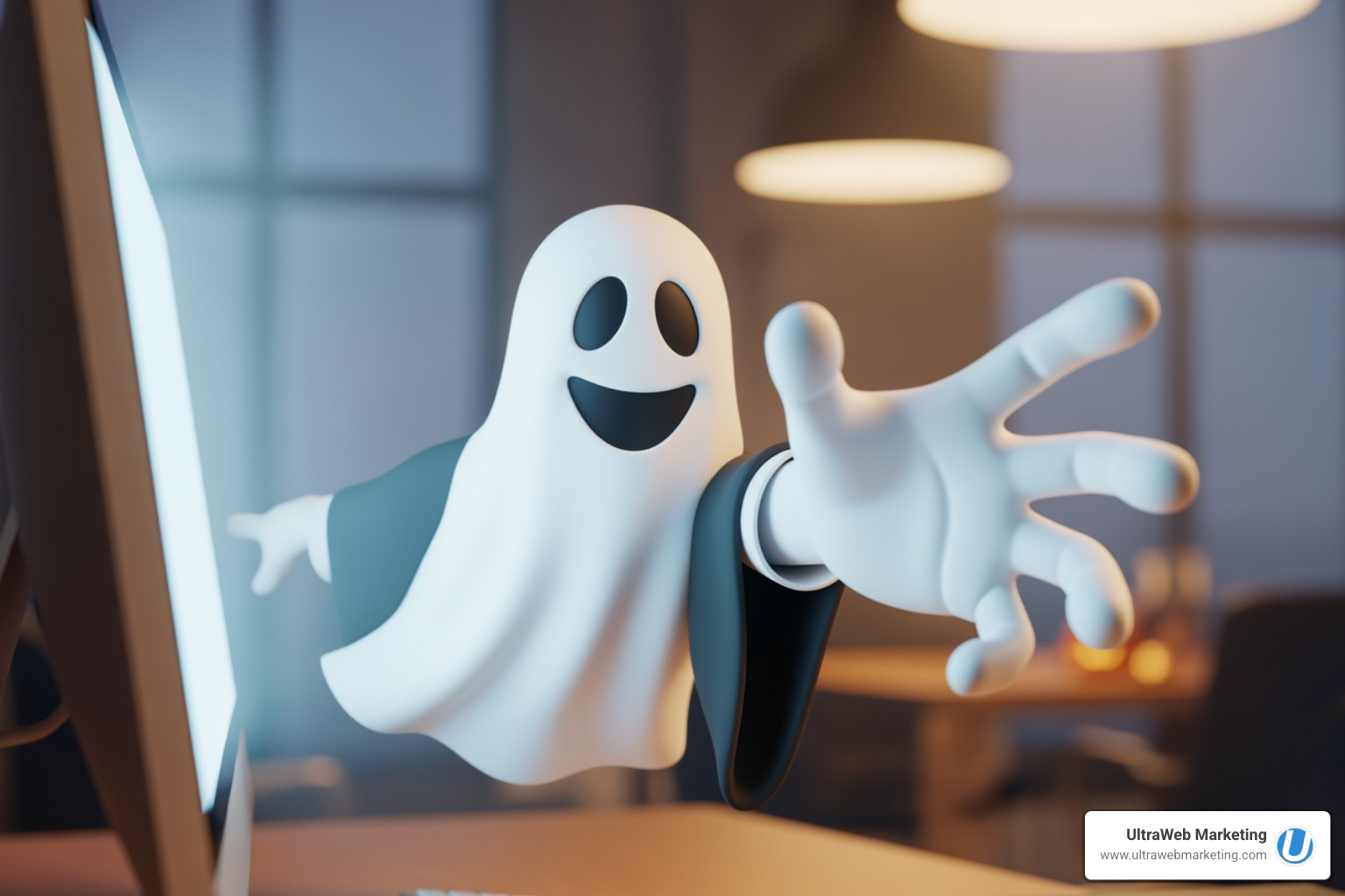 A spooky yet friendly hand reaching out from a computer screen, inviting a business owner to connect. - boca web agency